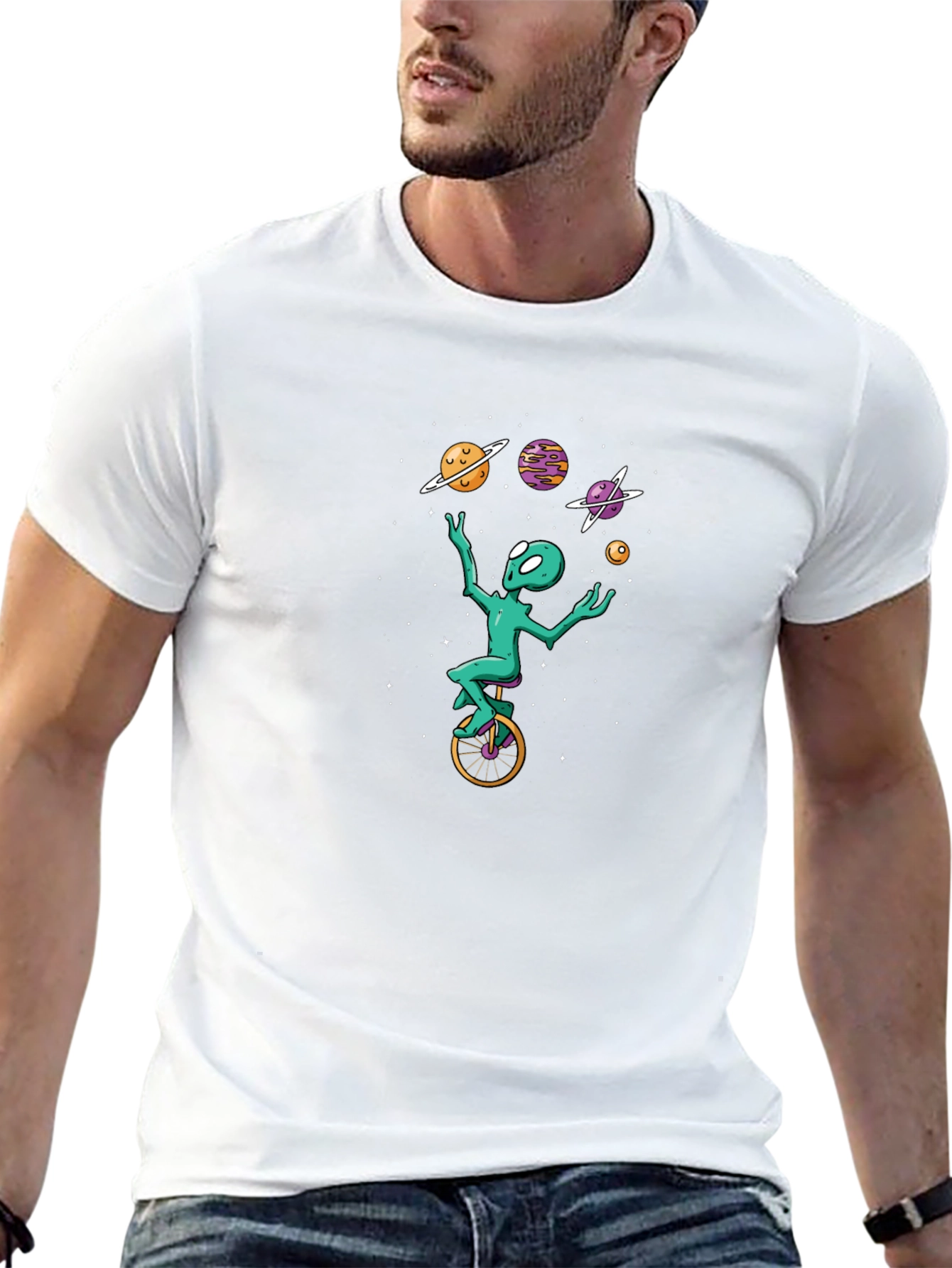 Alien Unicycle Juggling Planets Graphic Tee