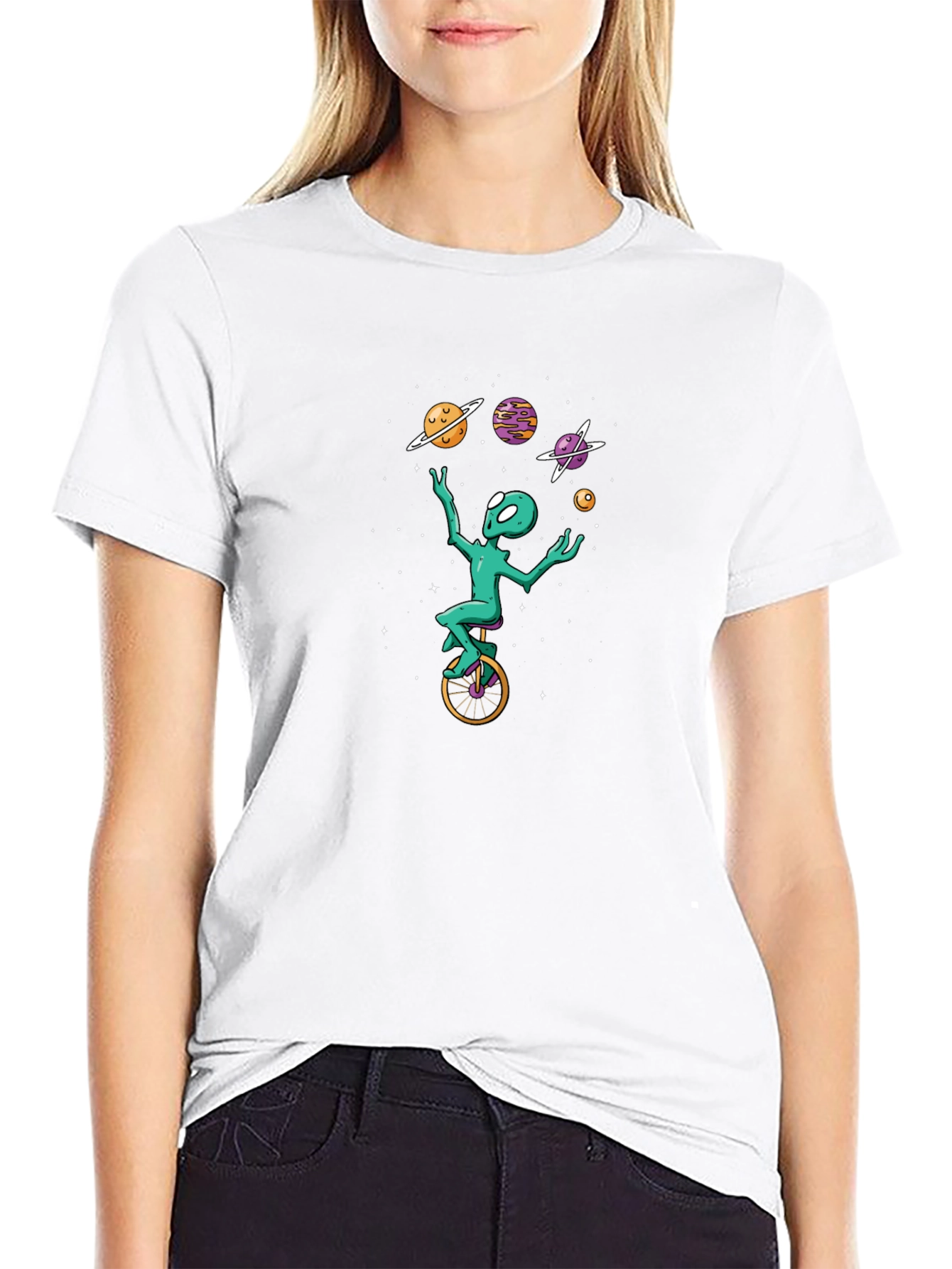 Alien Unicycle Juggling Planets Graphic Tee