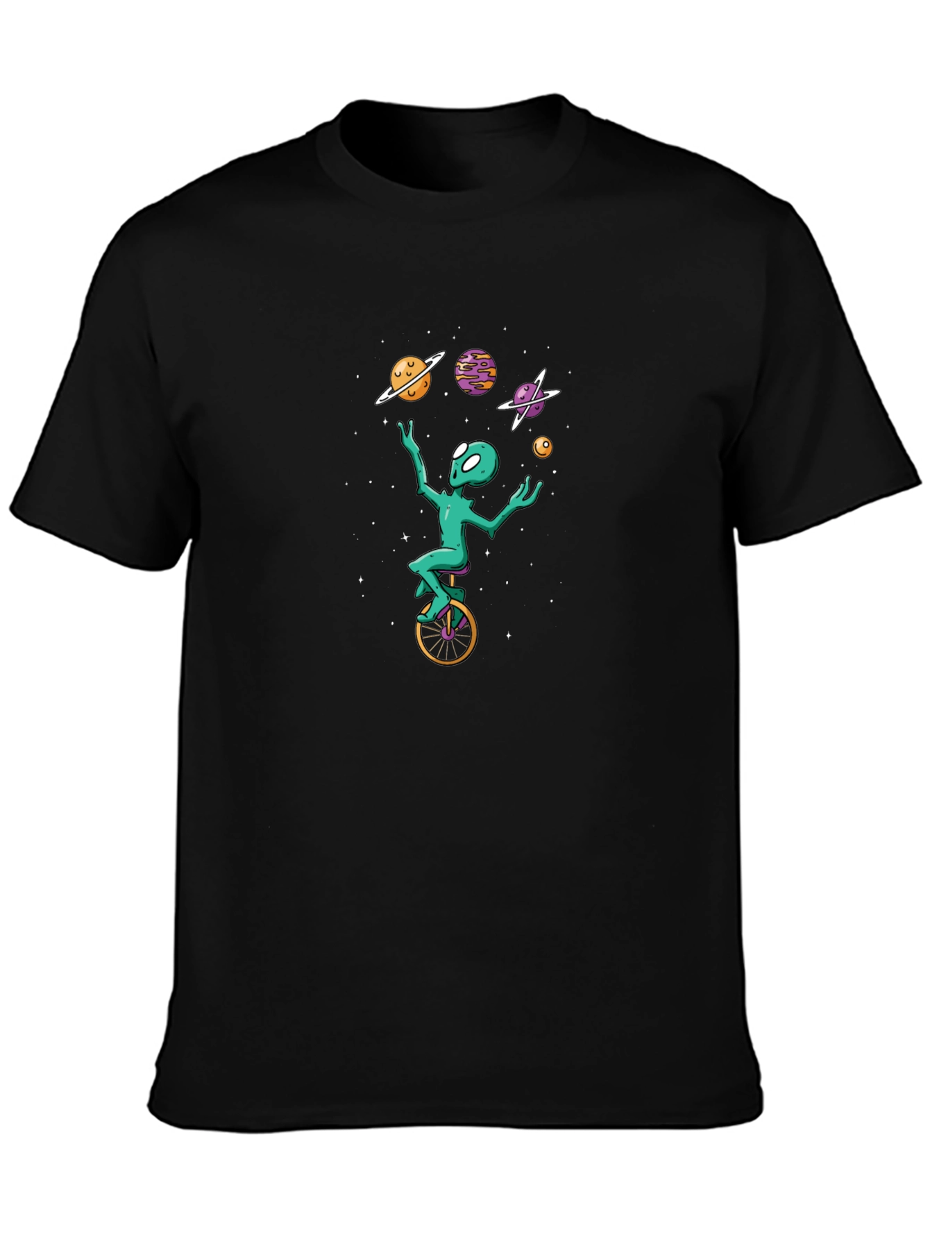 Alien Unicycle Juggling Planets Graphic Tee