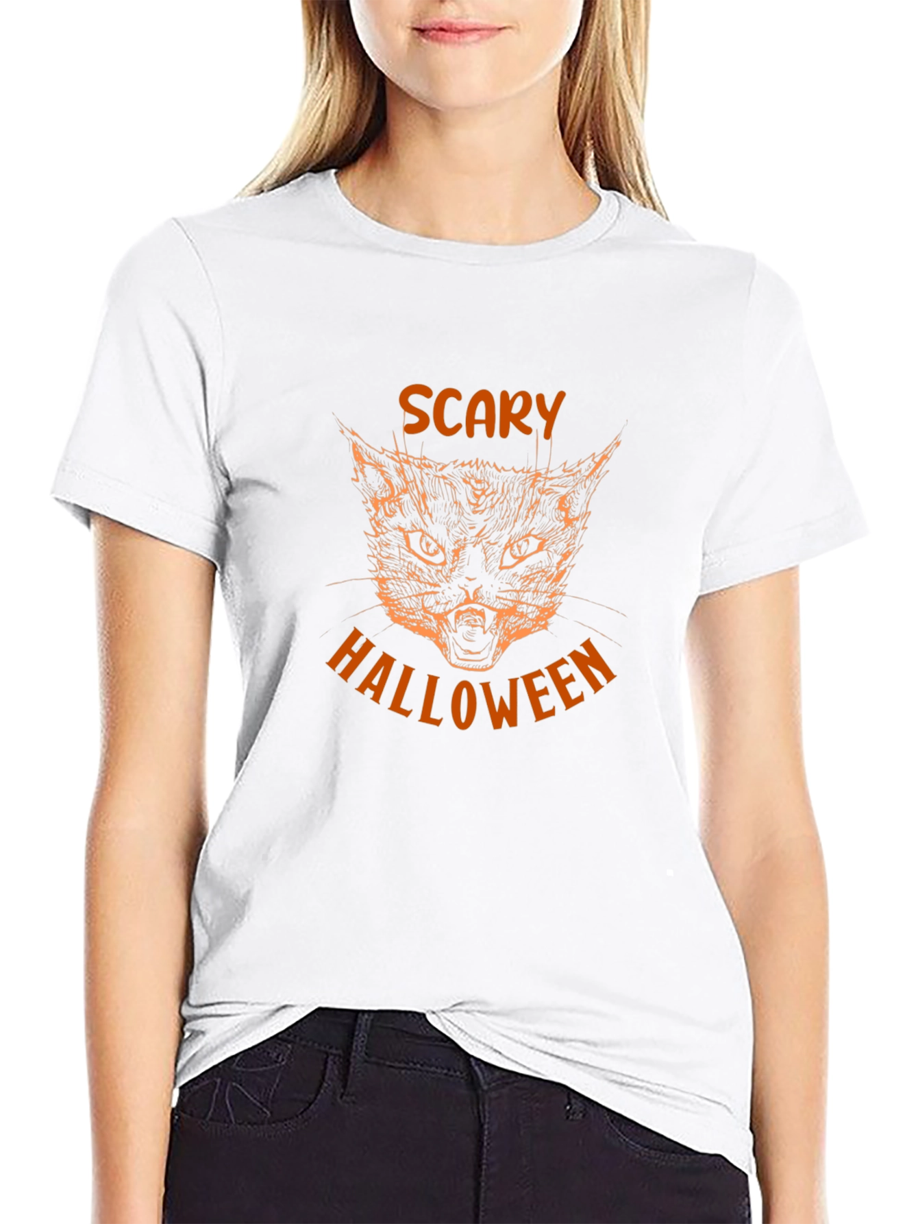 Scary Halloween Cat Graphic Tee - Black