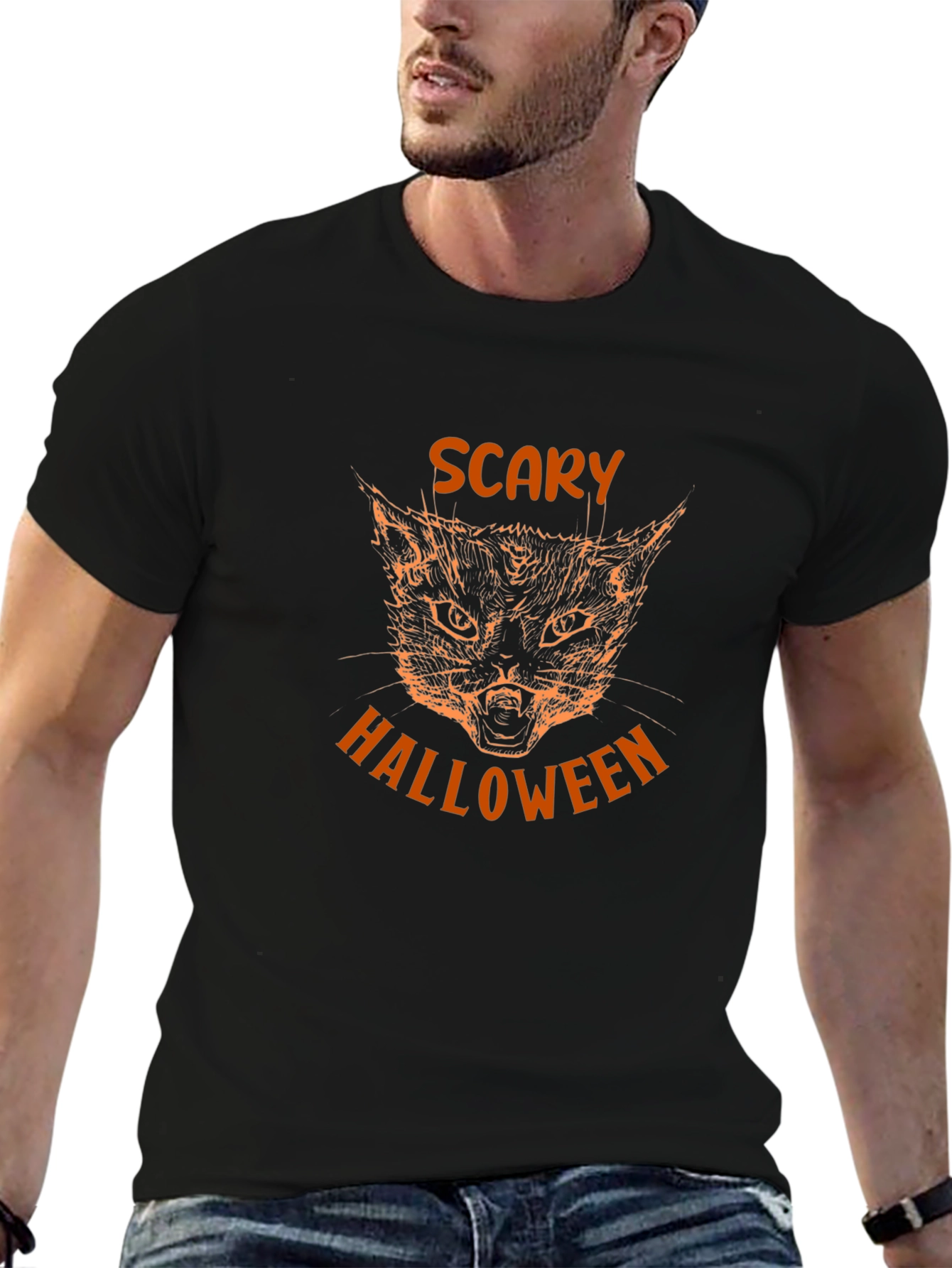 Scary Halloween Cat Graphic Tee - Black