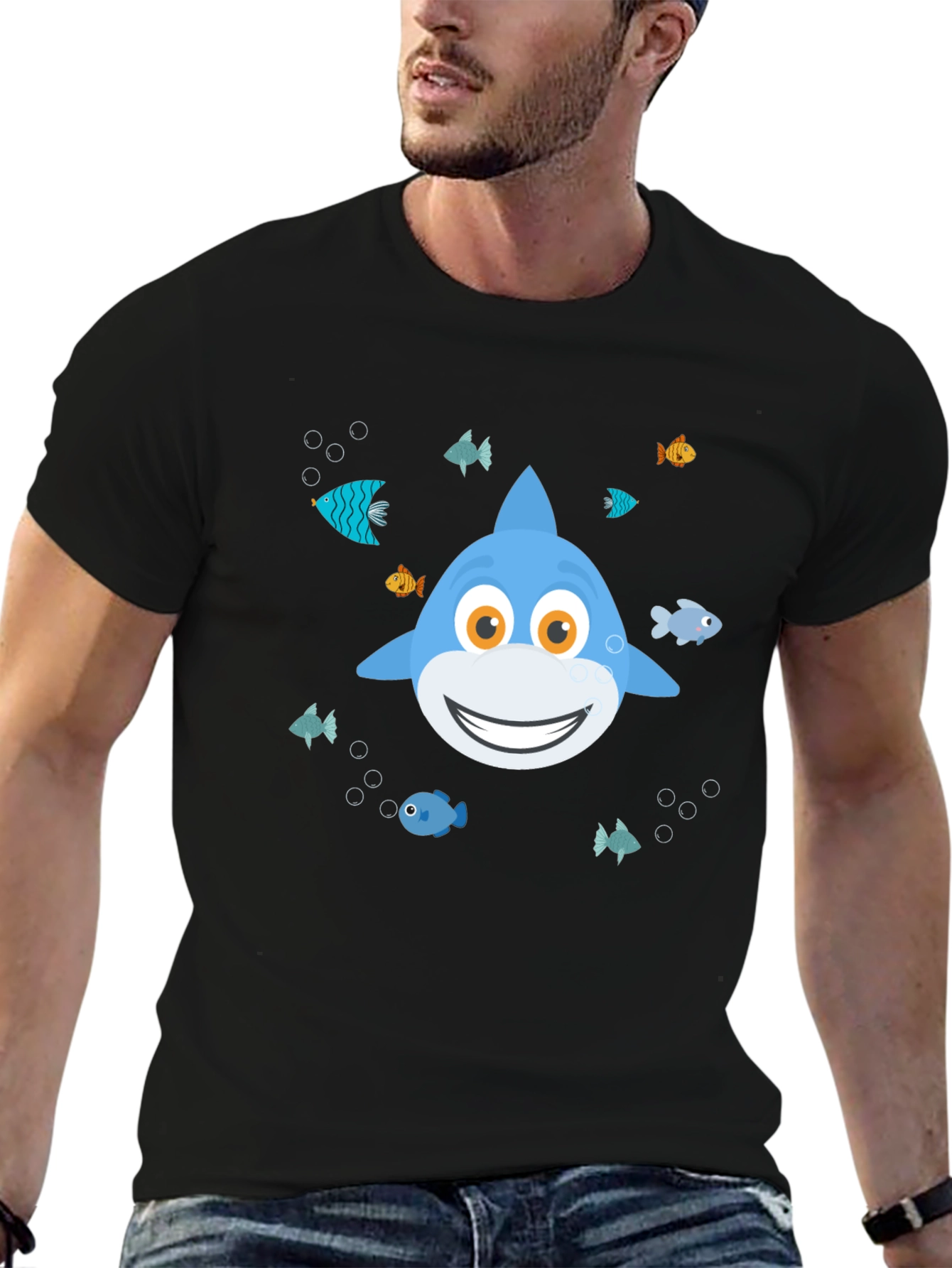 Cute Cartoon Shark Graphic T-Shirt - Black