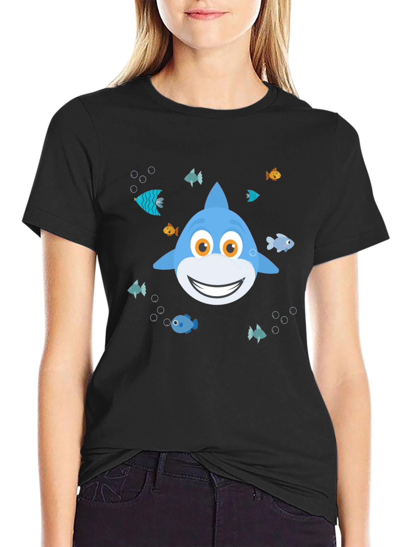 Cute Cartoon Shark Graphic T-Shirt - Black