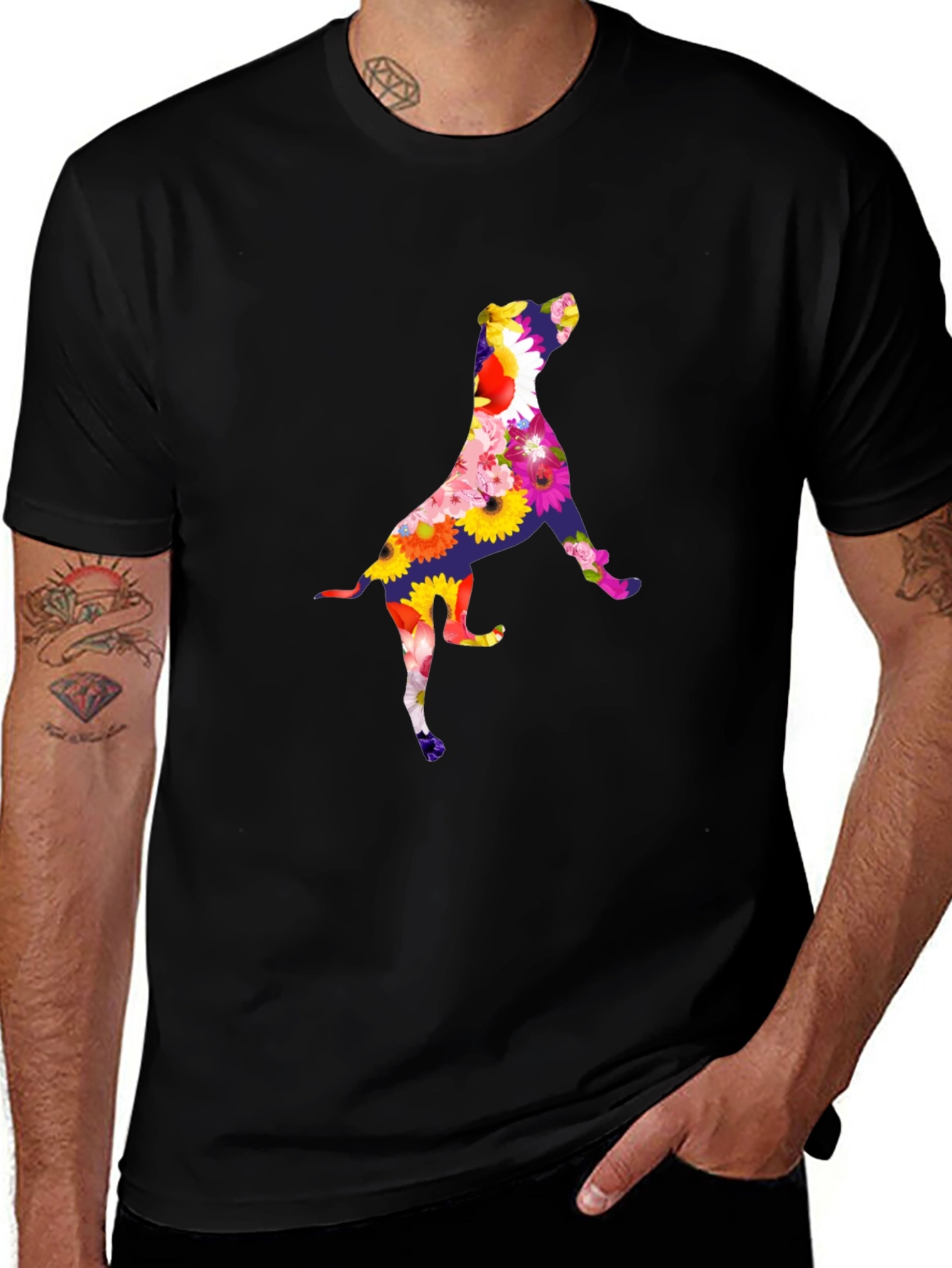 Floral Dog Graphic Tee - Black Cotton T-Shirt