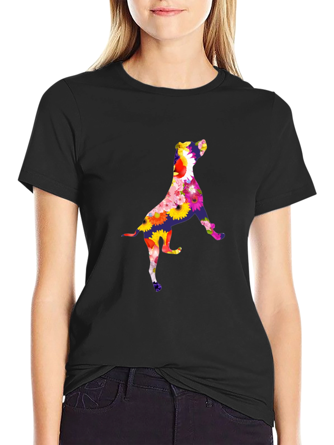 Floral Dog Graphic Tee - Black Cotton T-Shirt