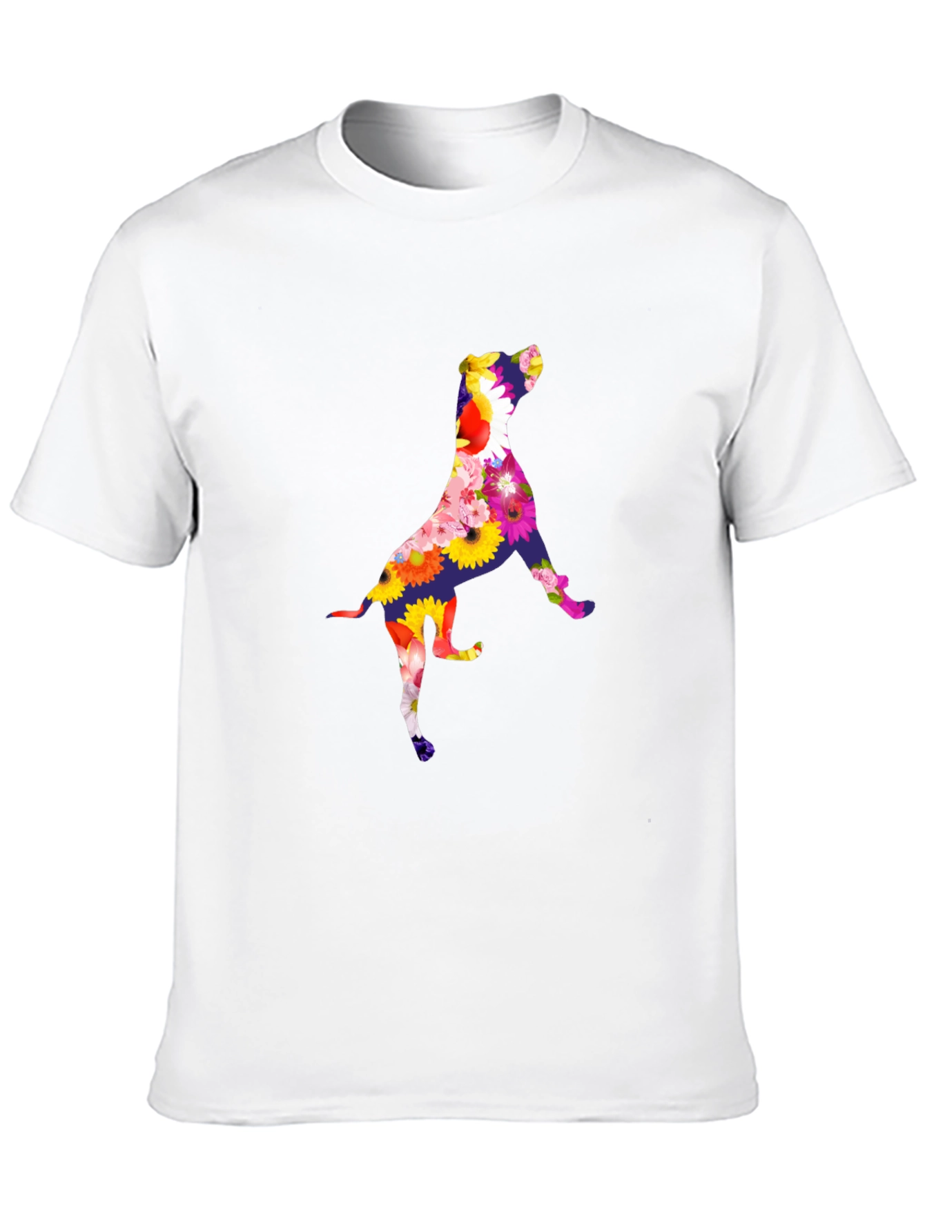 Floral Dog Graphic Tee - Black Cotton T-Shirt