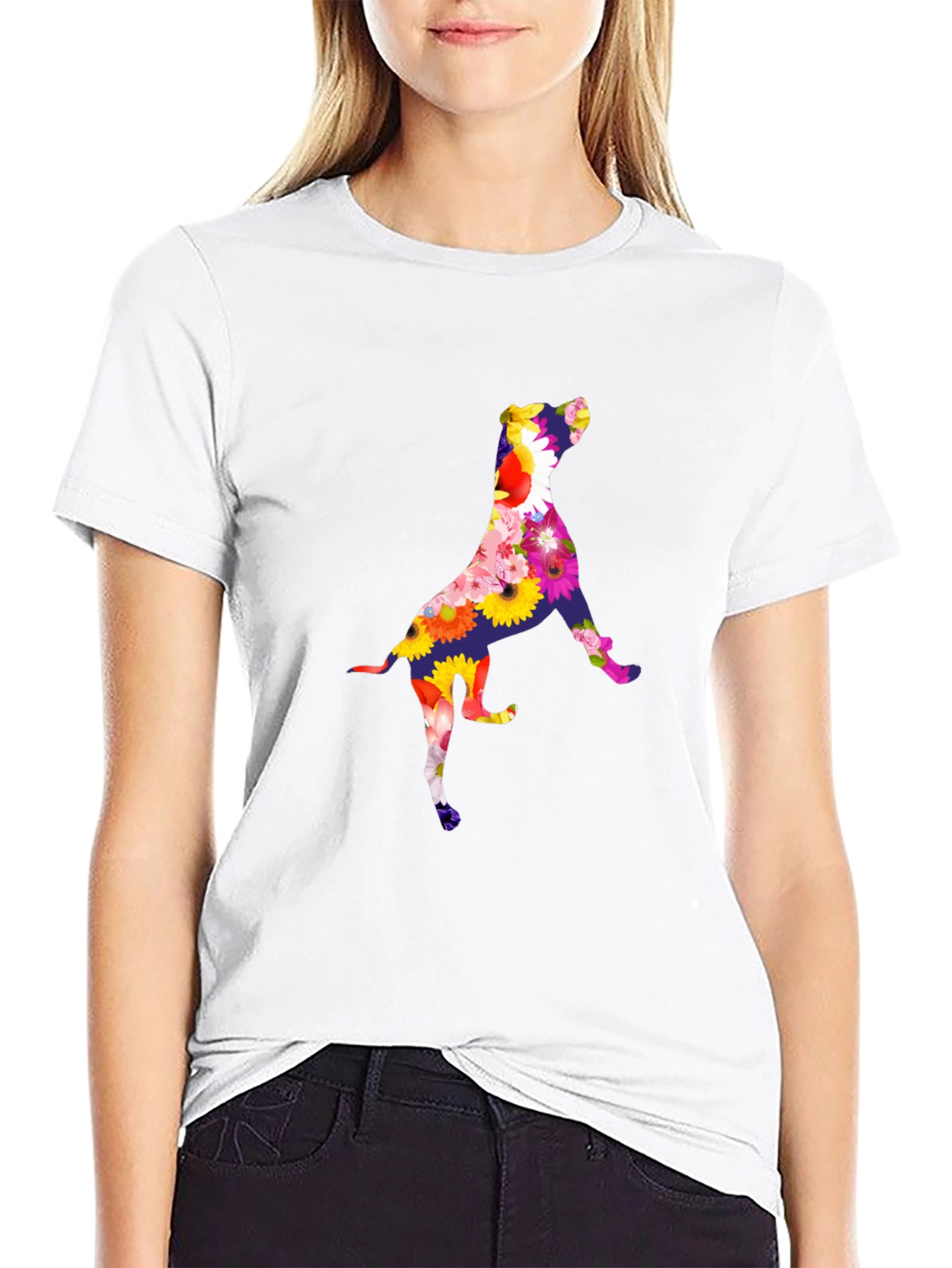 Floral Dog Graphic Tee - Black Cotton T-Shirt