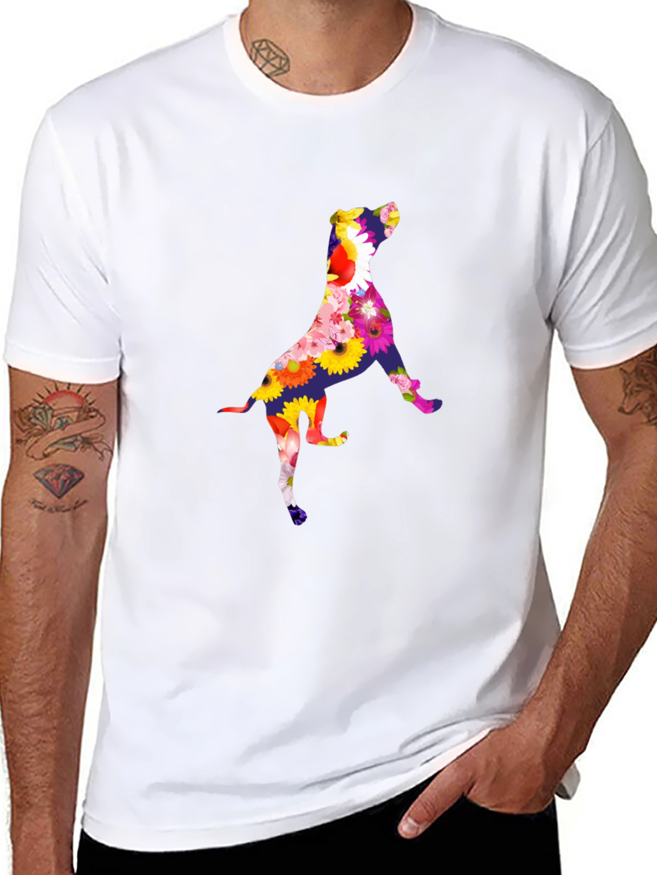 Floral Dog Graphic Tee - Black Cotton T-Shirt