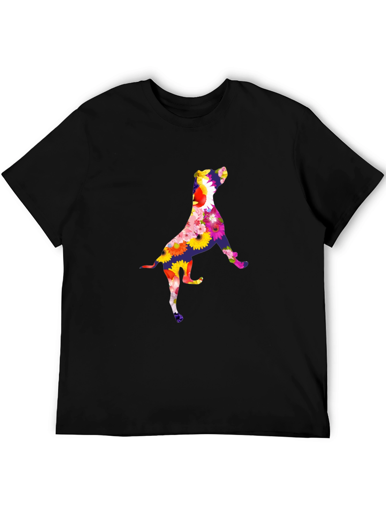 Floral Dog Graphic Tee - Black Cotton T-Shirt