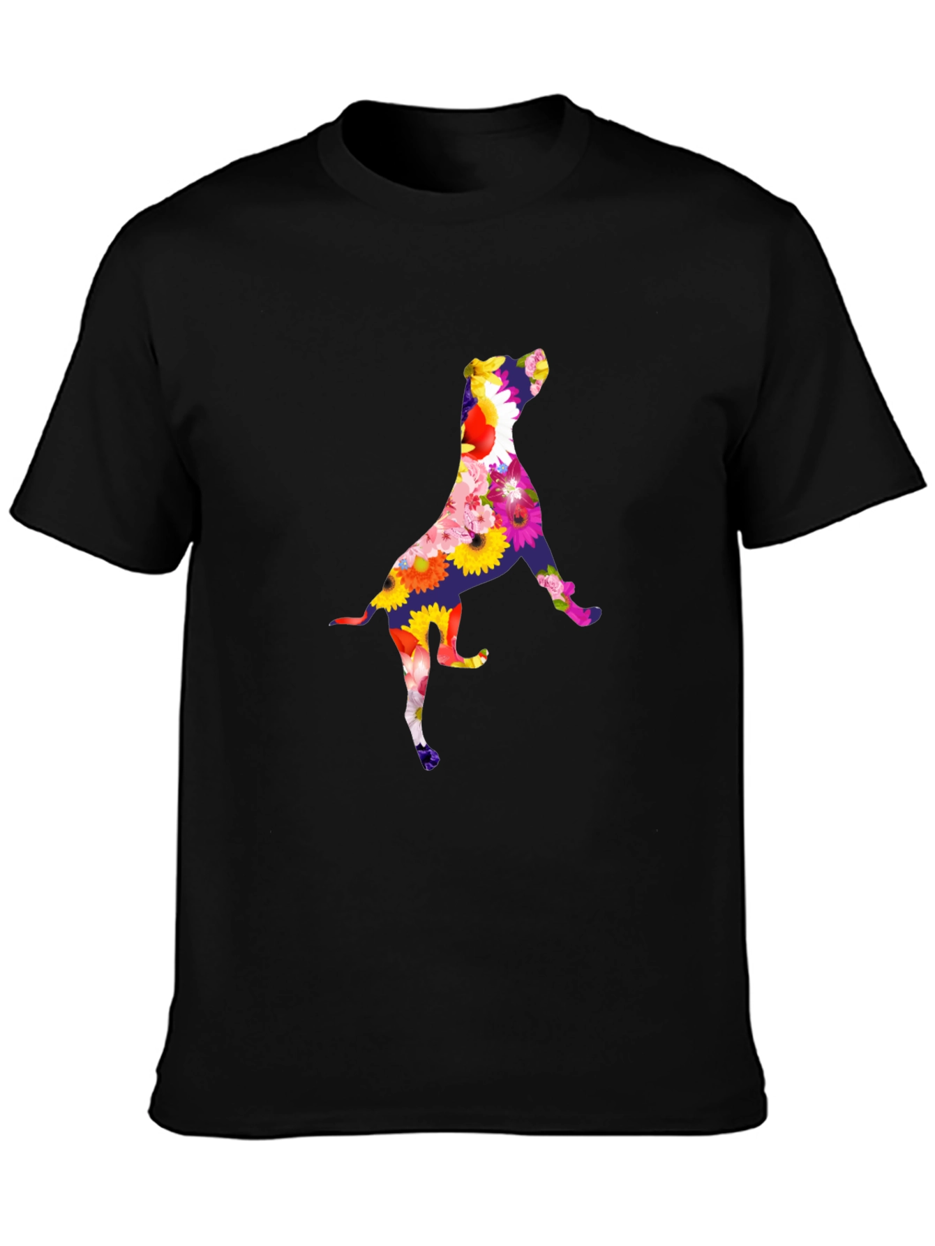 Floral Dog Graphic Tee - Black Cotton T-Shirt