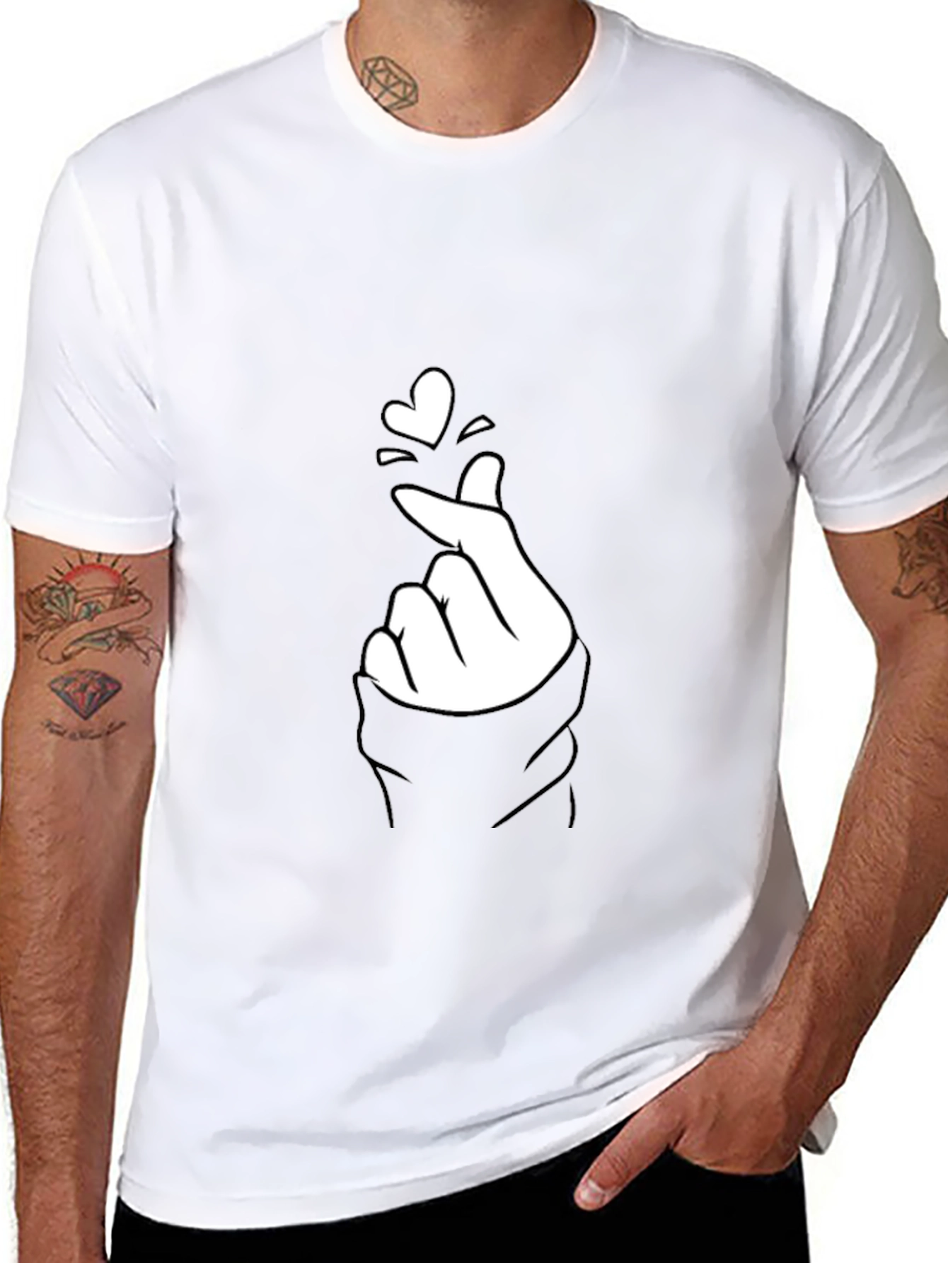 Black Tee with Finger Heart Graphic