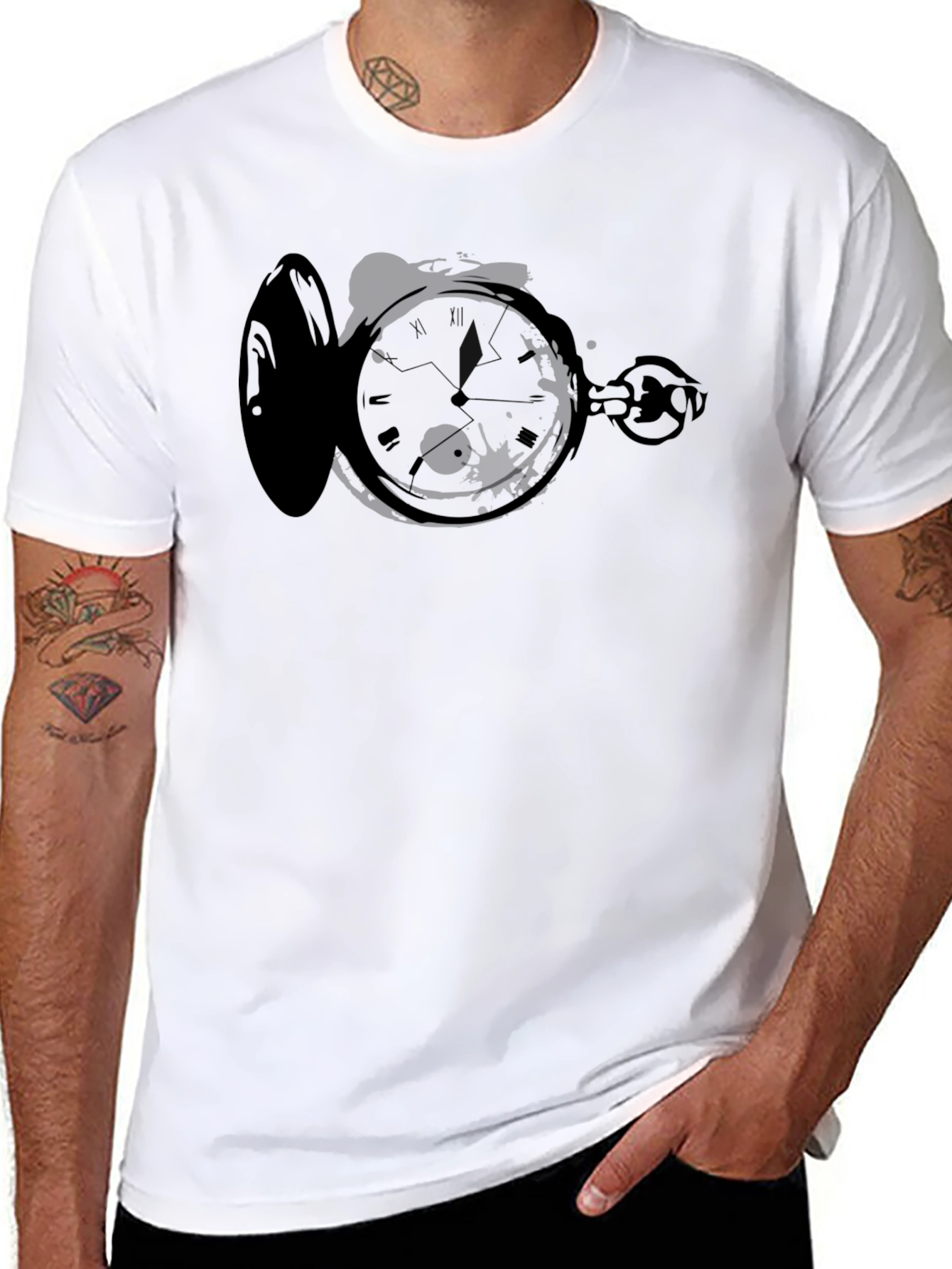 Pocket Watch Graphic Tee - Stylish Mens Black T-Shirt