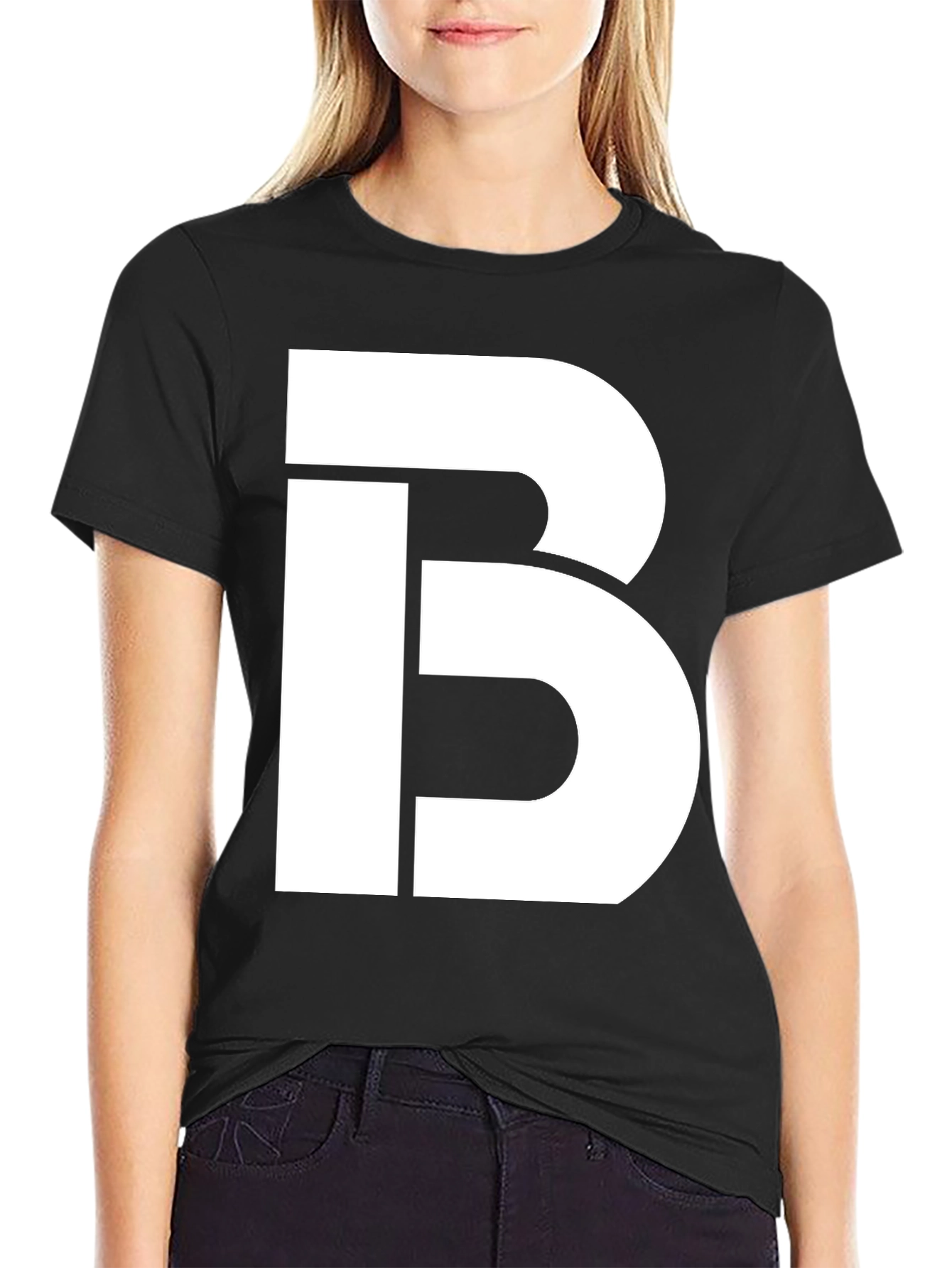 Bold White Letter B Graphic Print Black T-Shirt