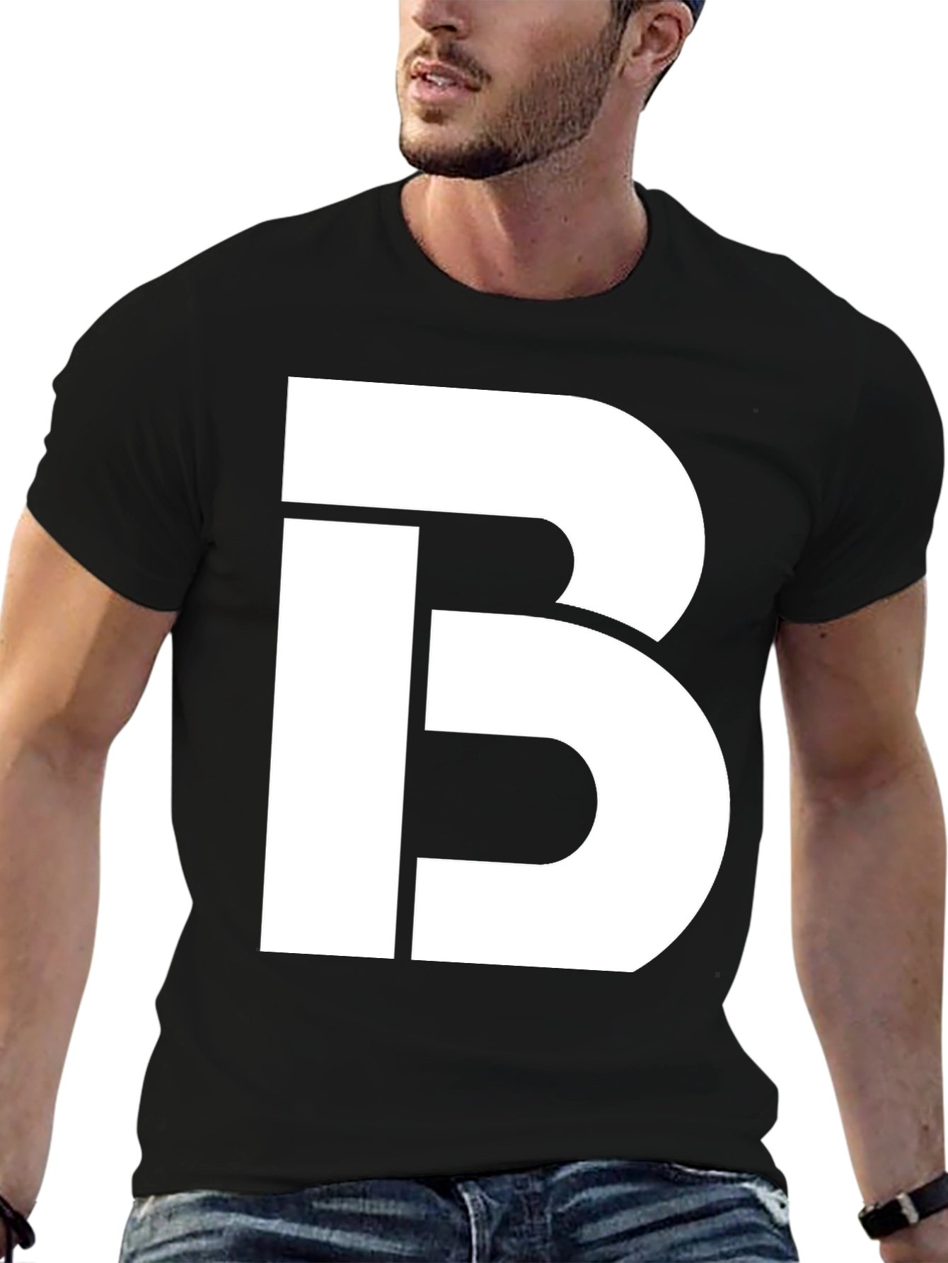 Bold White Letter B Graphic Print Black T-Shirt