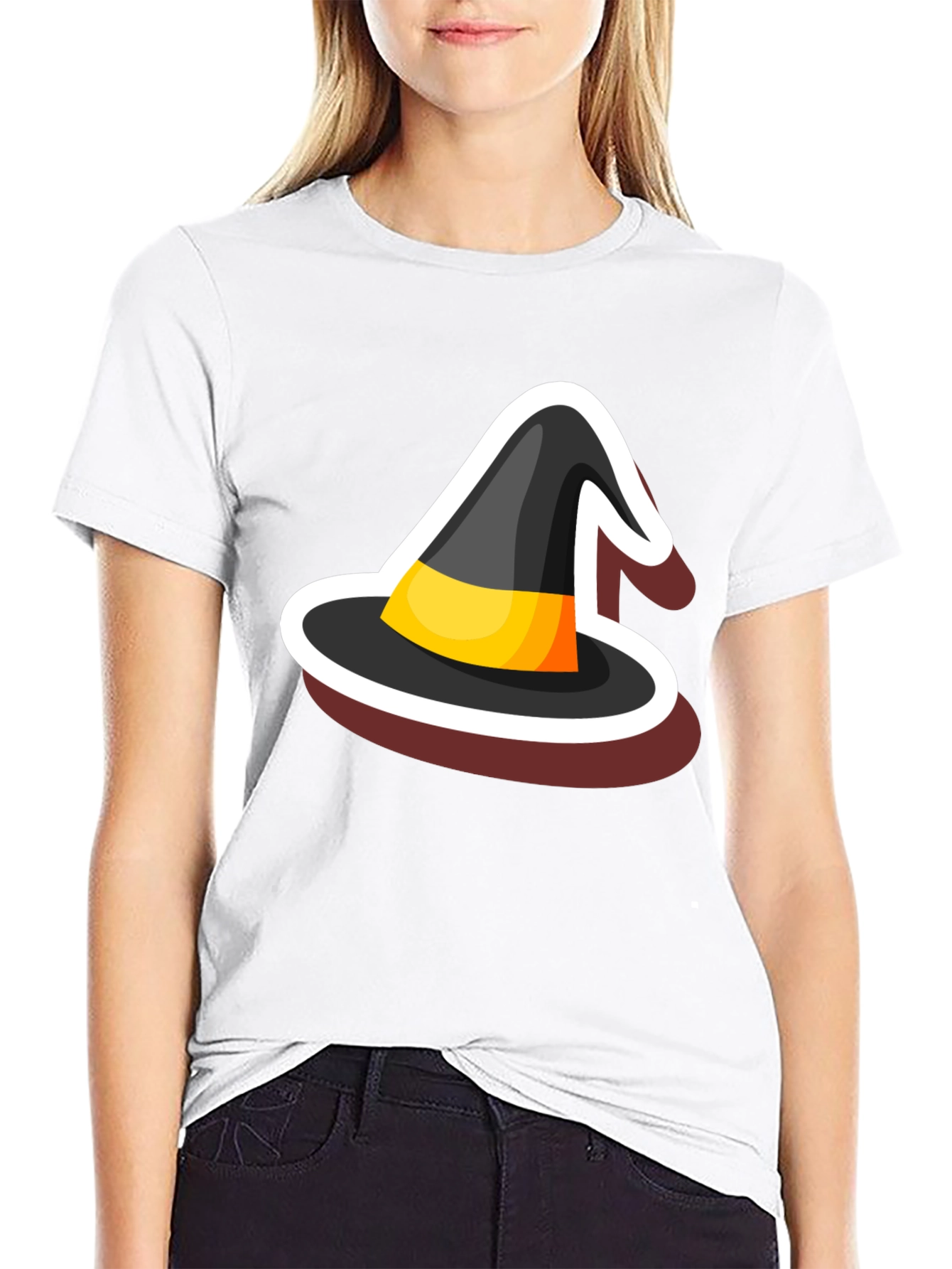Halloween Witch Hat Graphic Tee - Black Cotton Blend