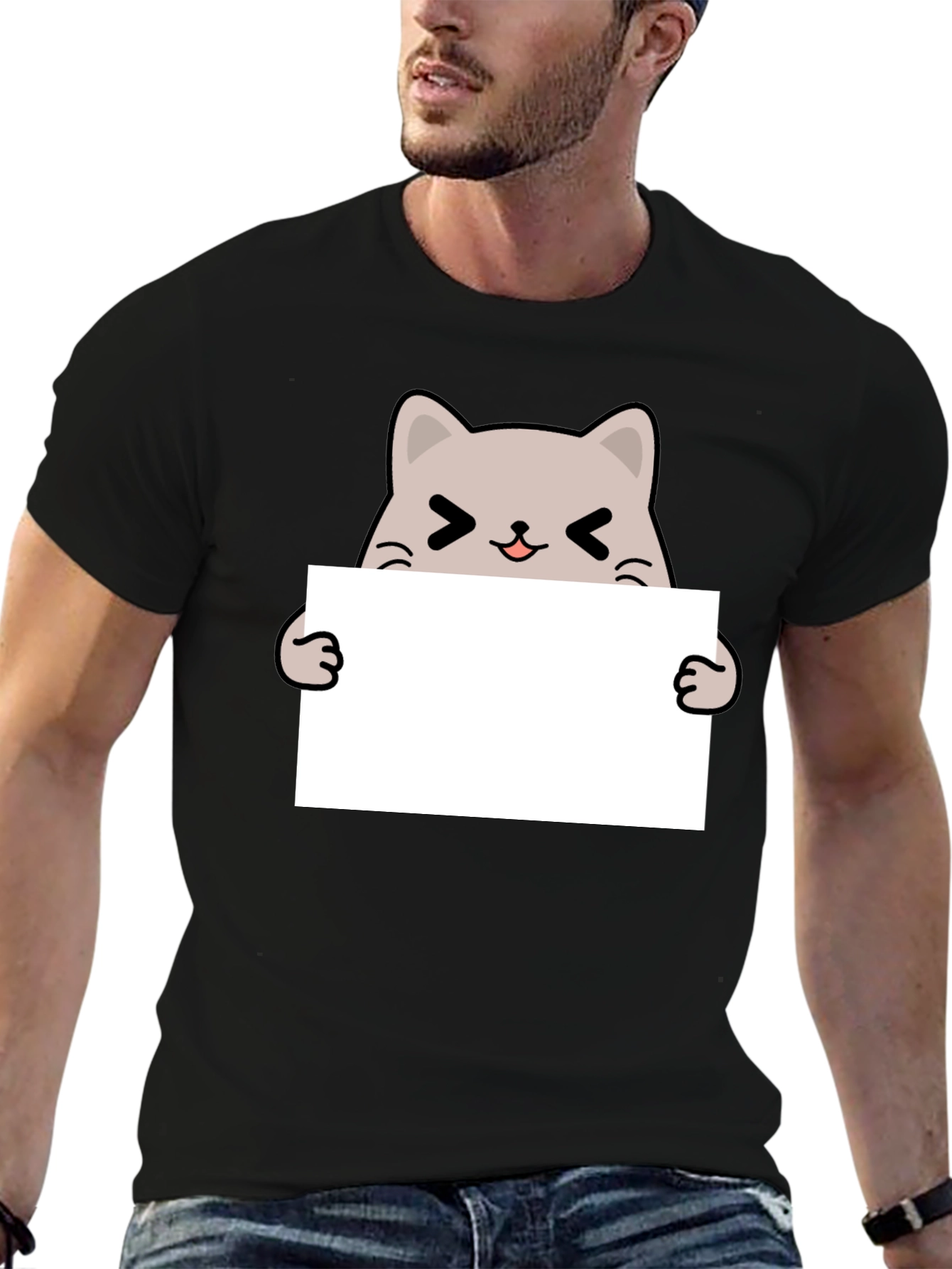 Cute Cat Holding Sign Black T-Shirt
