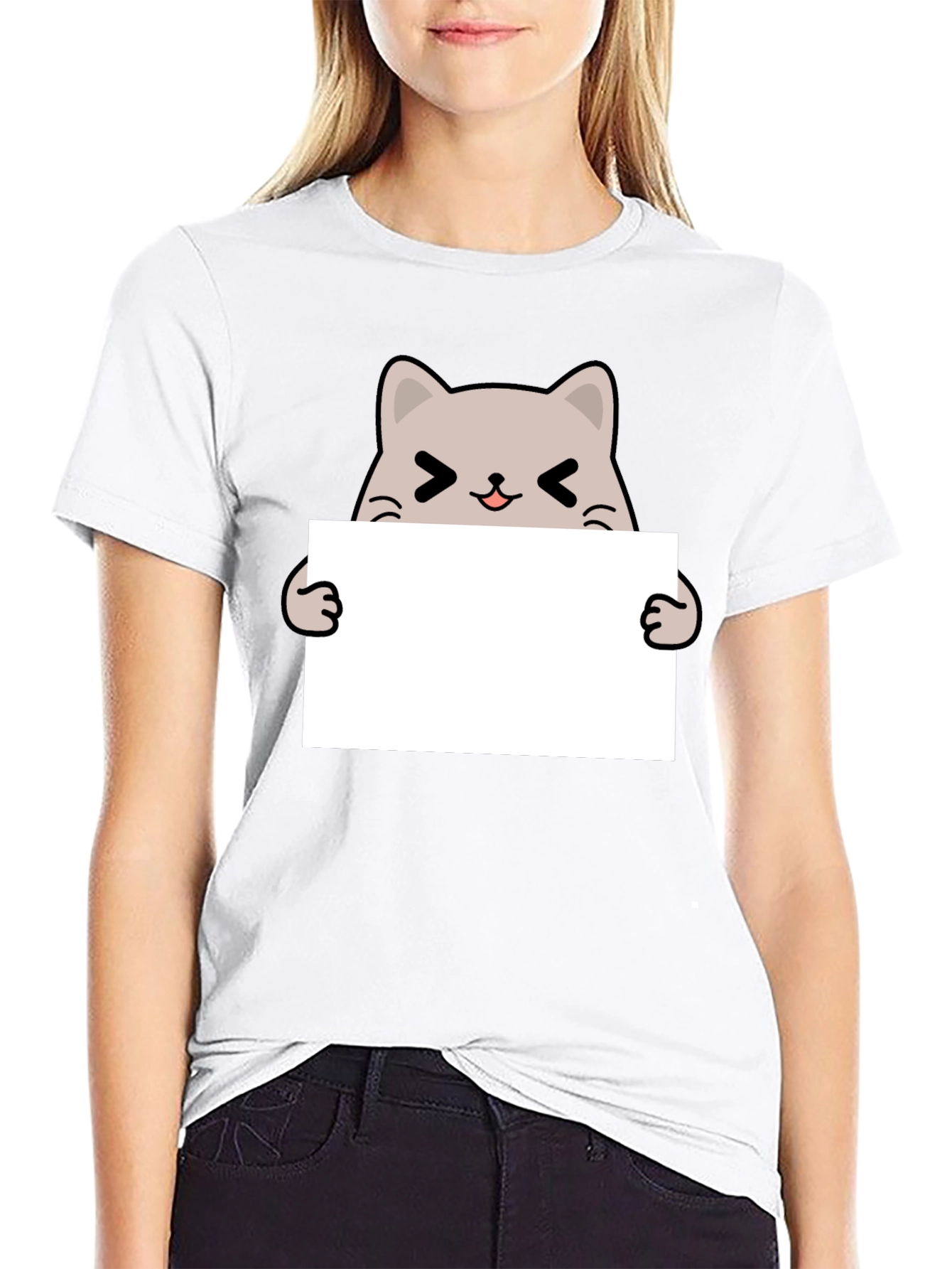 Cute Cat Holding Sign Black T-Shirt