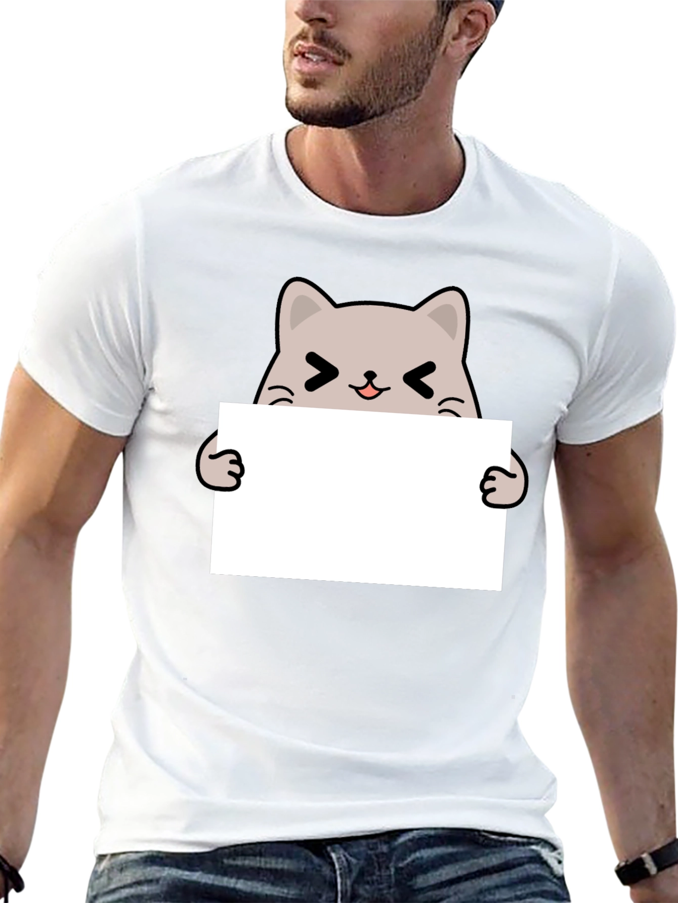 Cute Cat Holding Sign Black T-Shirt