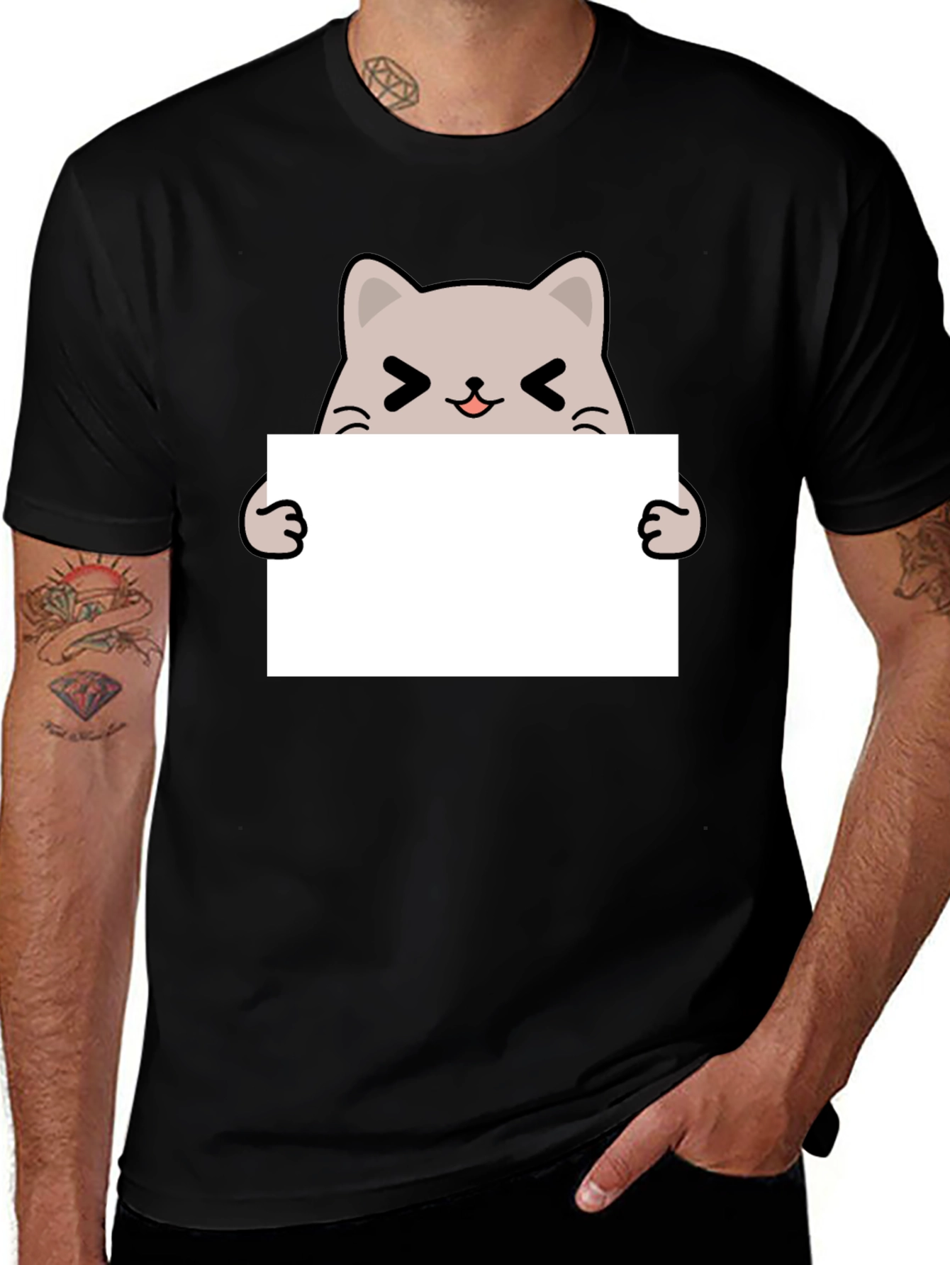 Cute Cat Holding Sign Black T-Shirt
