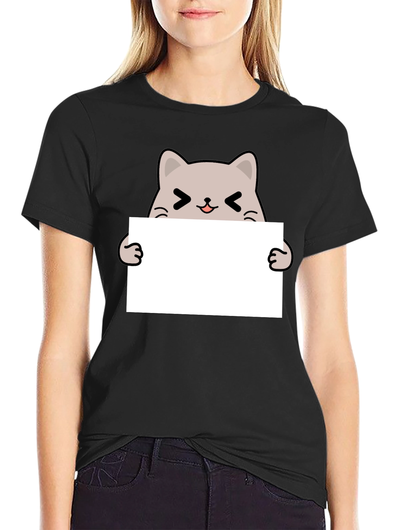 Cute Cat Holding Sign Black T-Shirt