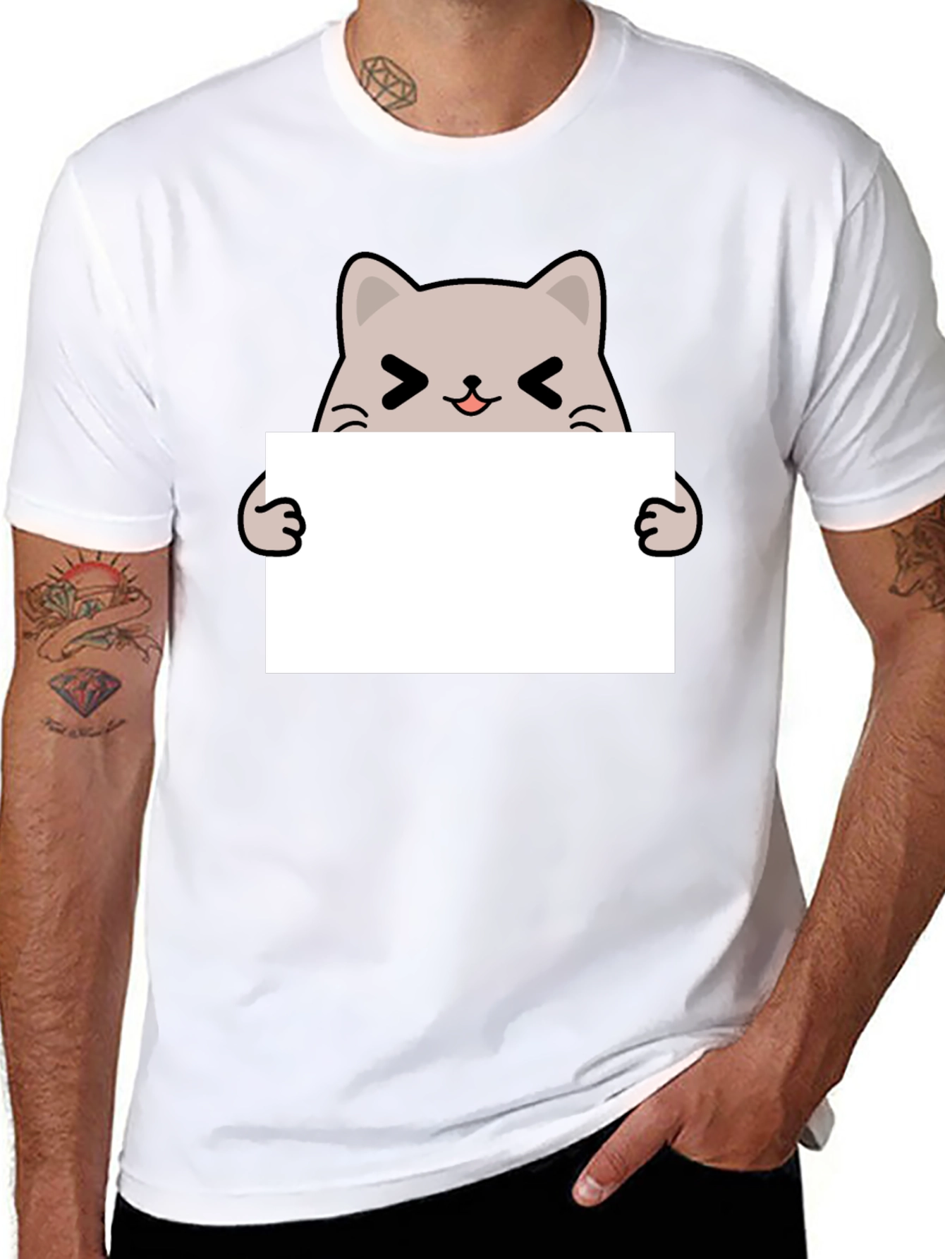 Cute Cat Holding Sign Black T-Shirt