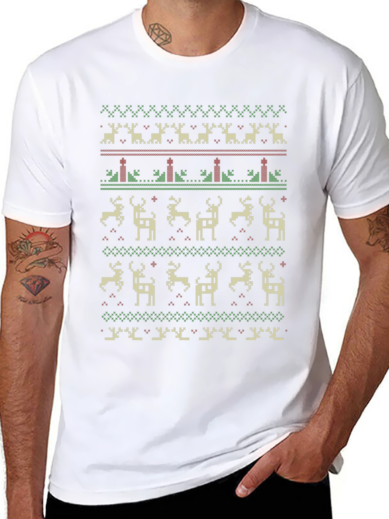 Festive Holiday Deer Pattern Crew Neck T-Shirt