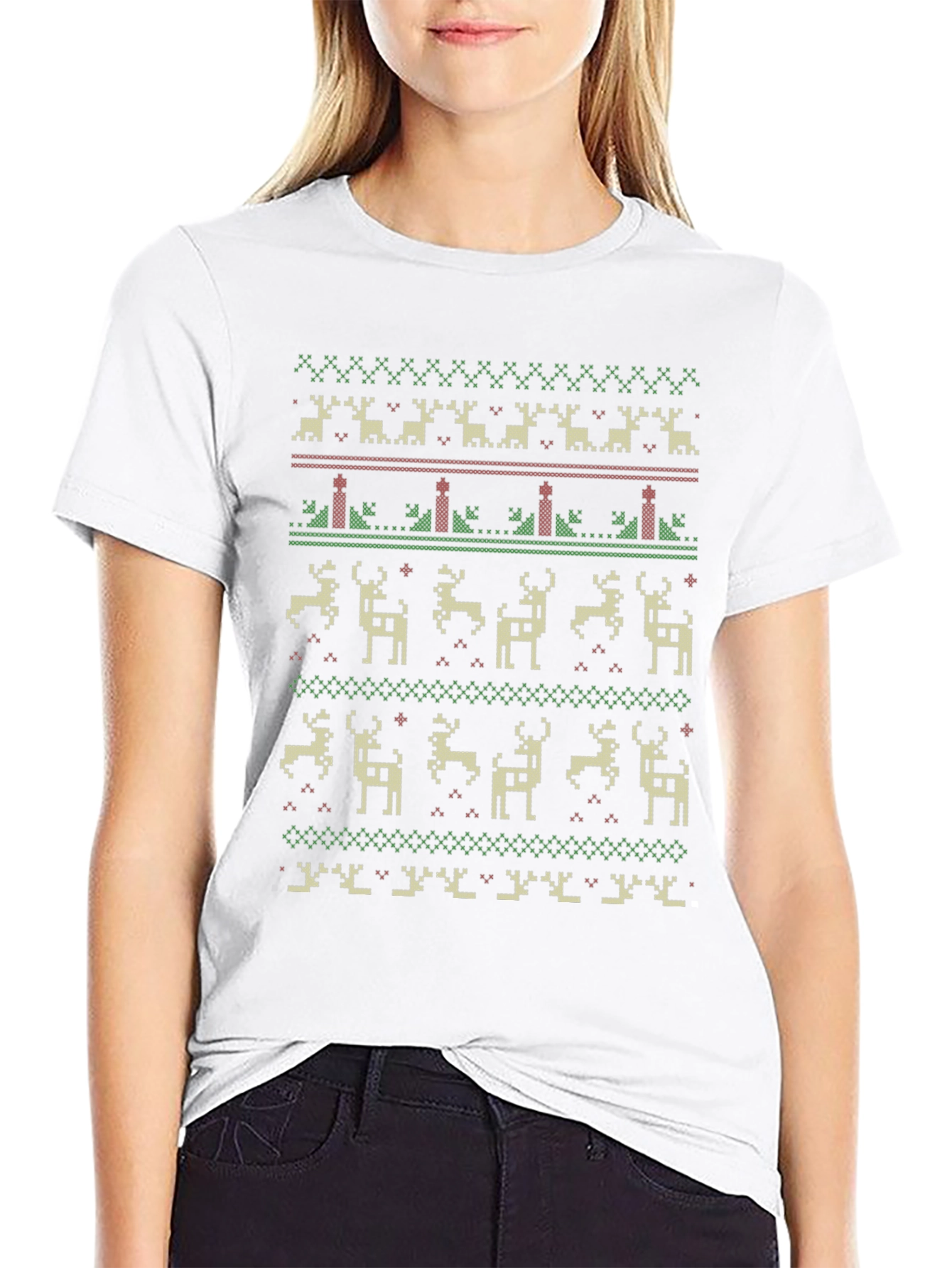 Festive Holiday Deer Pattern Crew Neck T-Shirt