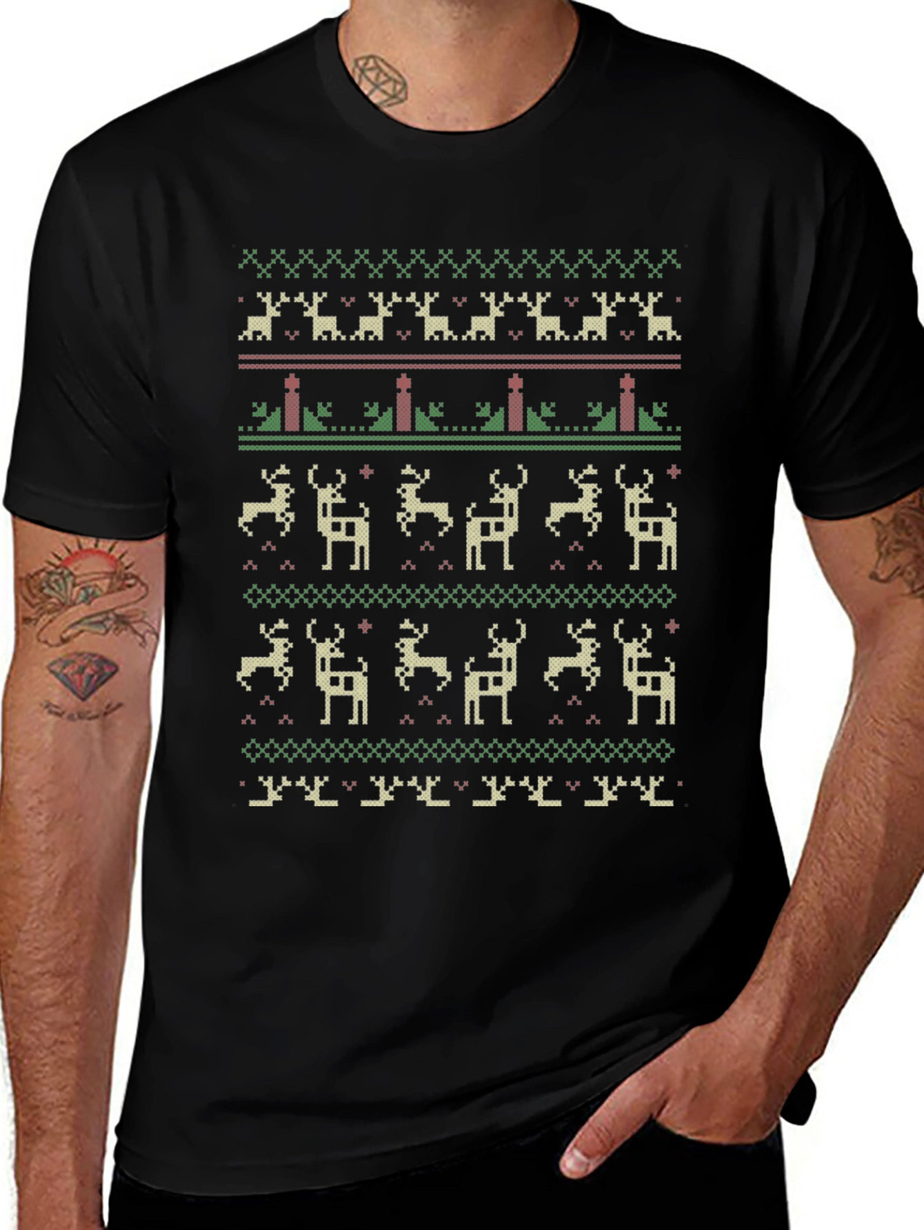 Festive Holiday Deer Pattern Crew Neck T-Shirt