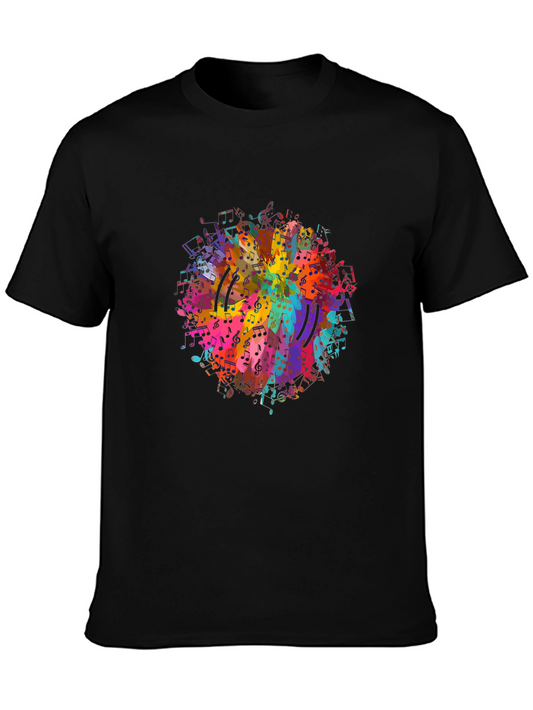 Colorful Music Notes Graphic Tee - Black Cotton T-Shirt