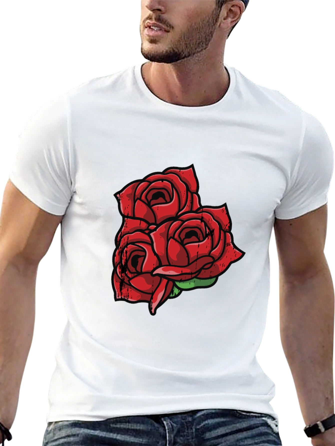 Black T-Shirt with Red Rose Graphic