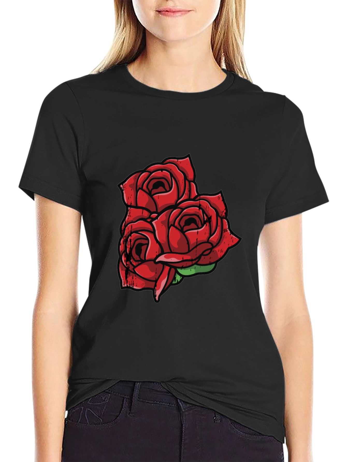 Black T-Shirt with Red Rose Graphic