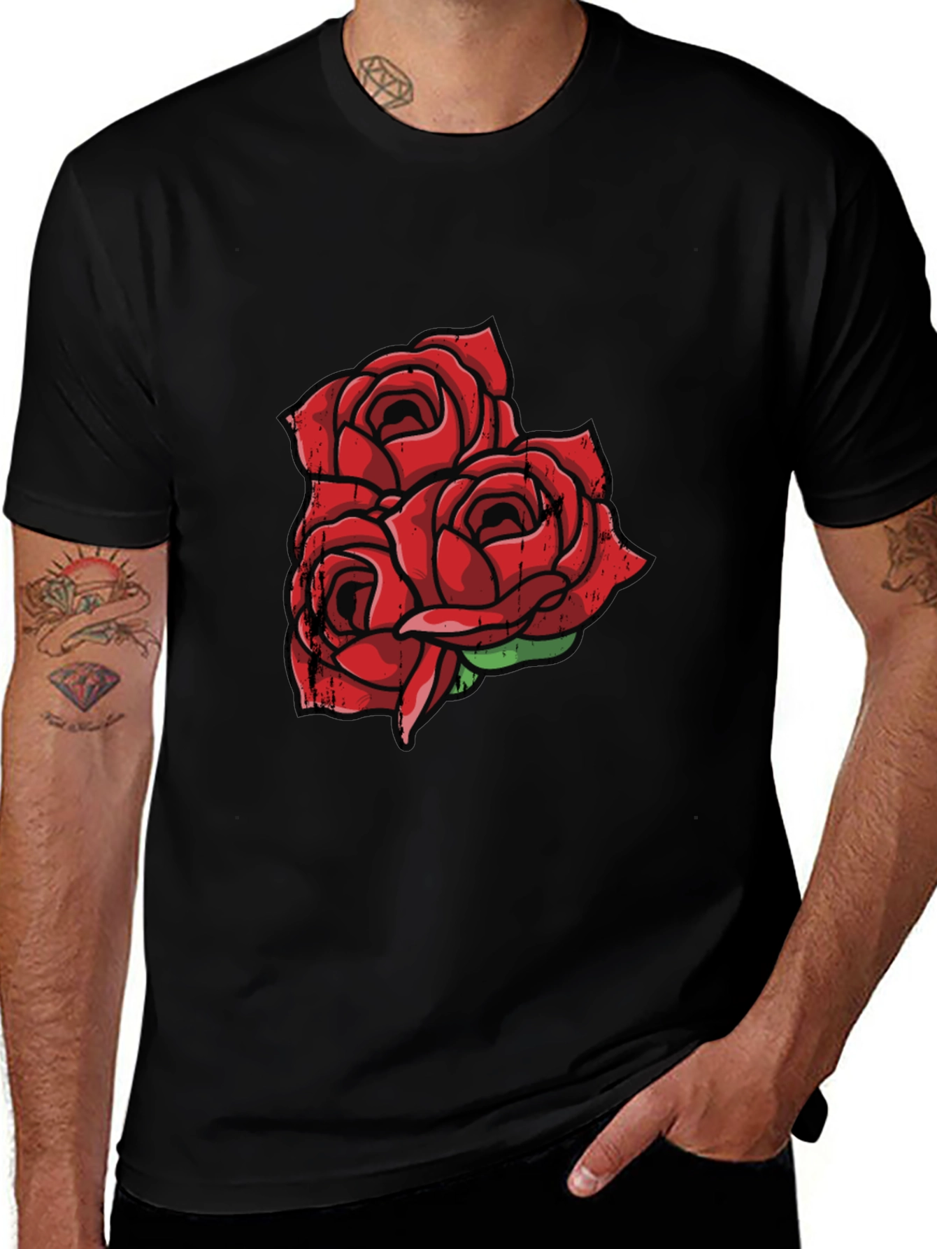 Black T-Shirt with Red Rose Graphic