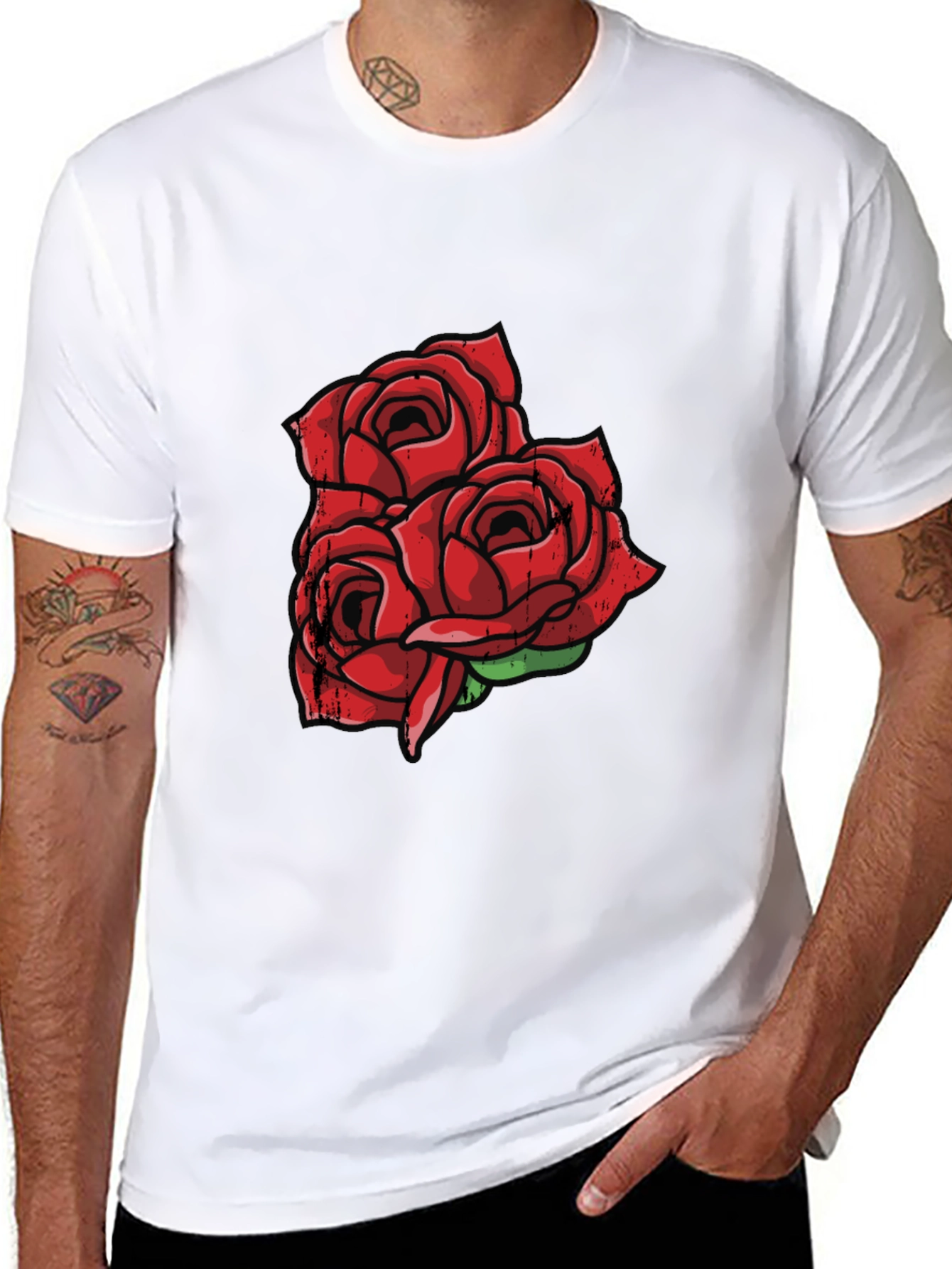 Black T-Shirt with Red Rose Graphic