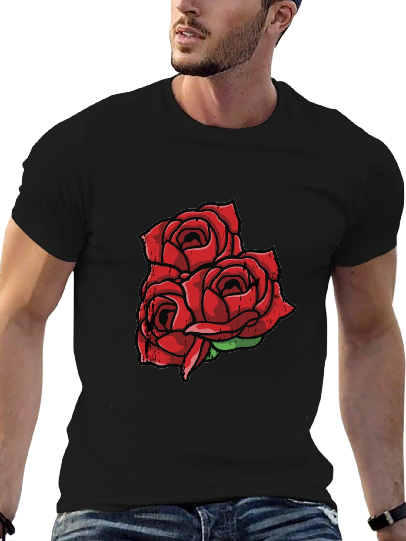 Black T-Shirt with Red Rose Graphic