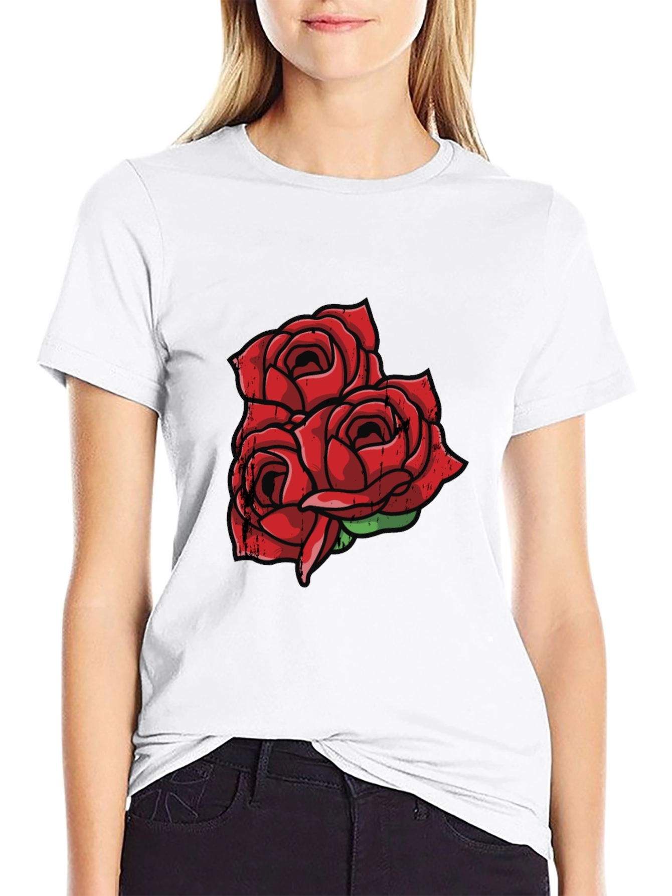 Black T-Shirt with Red Rose Graphic