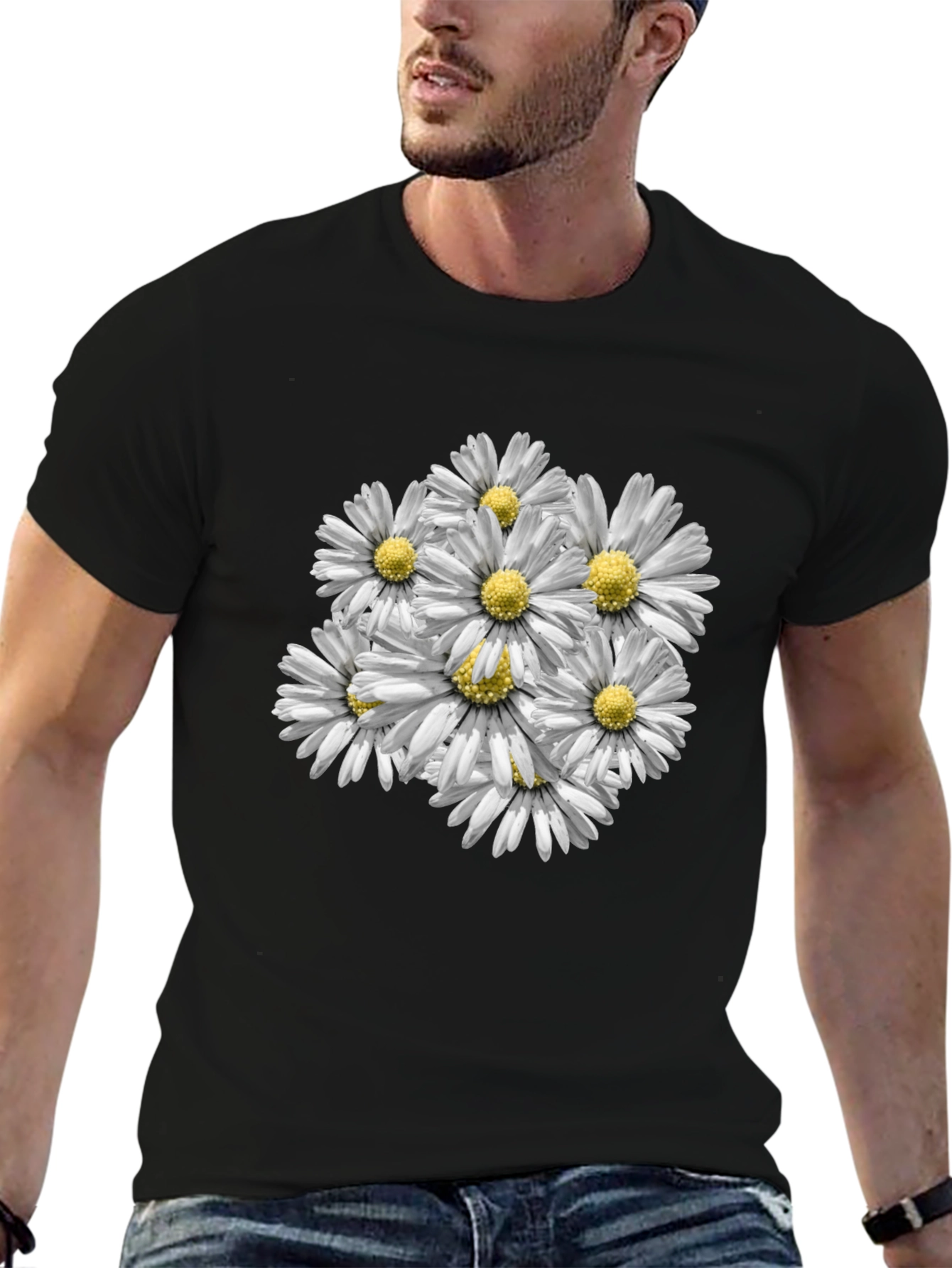 Floral Daisy Print Black T-Shirt