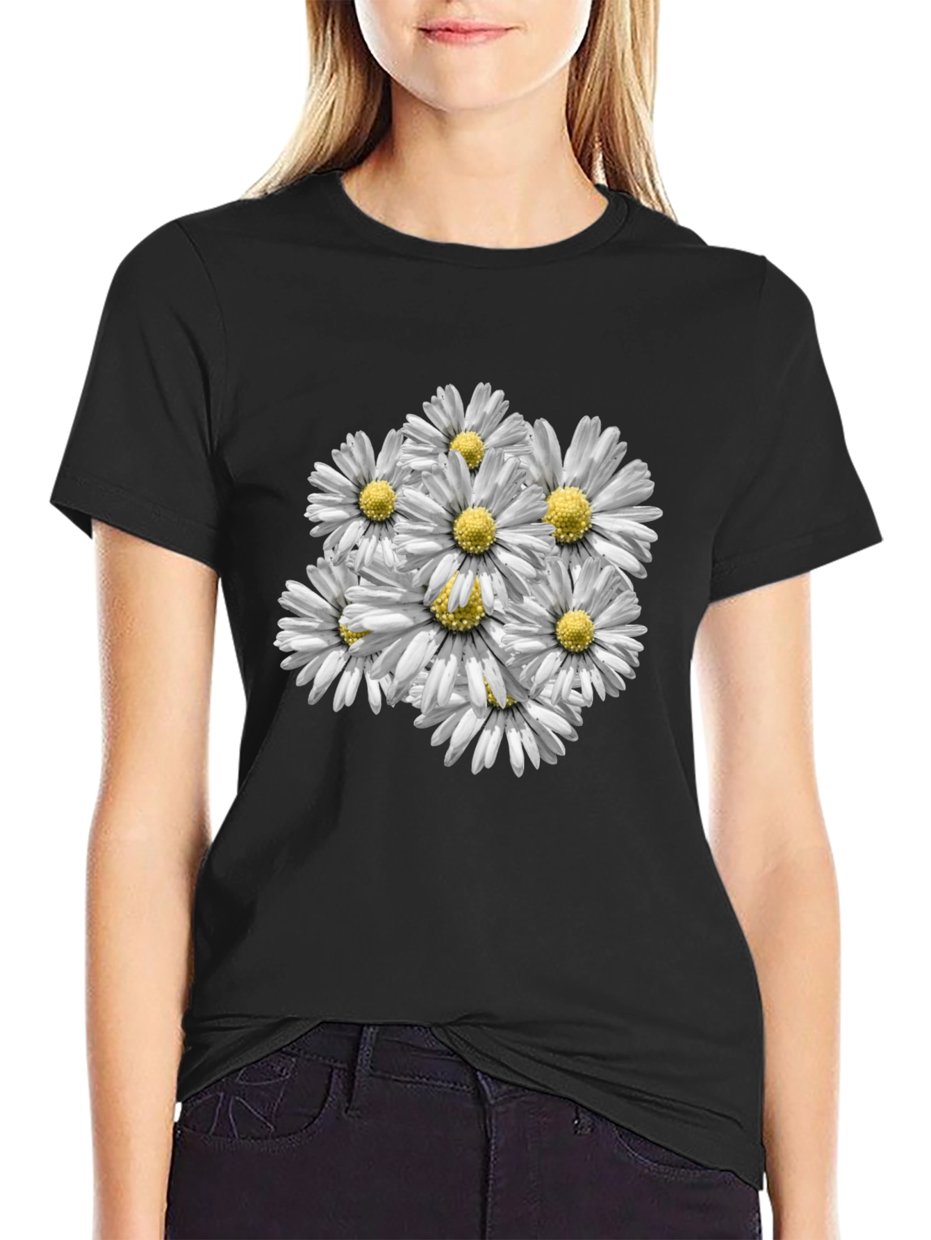 Floral Daisy Print Black T-Shirt