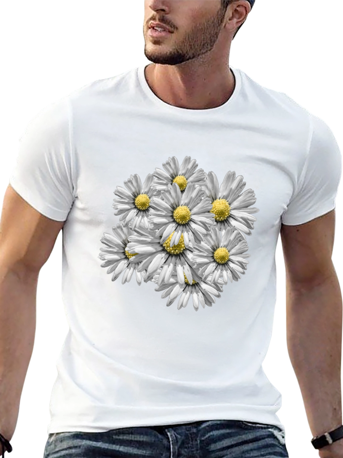 Floral Daisy Print Black T-Shirt