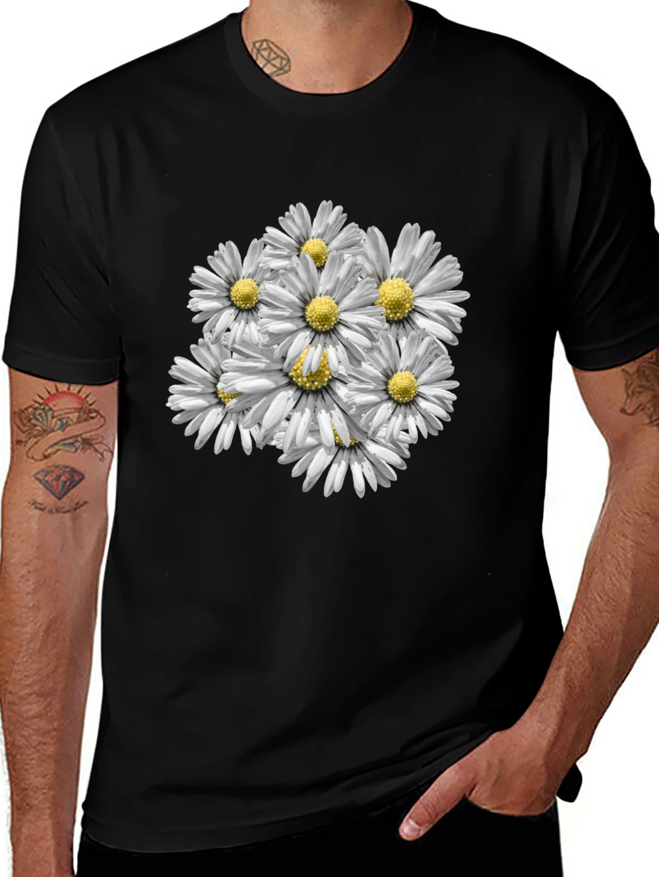 Floral Daisy Print Black T-Shirt