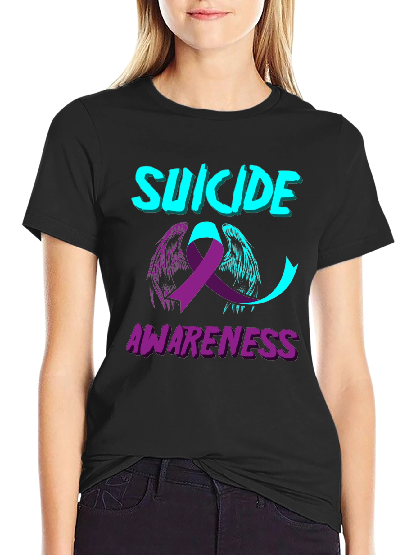 Suicide Awareness T-Shirt Angel Ribbon Black