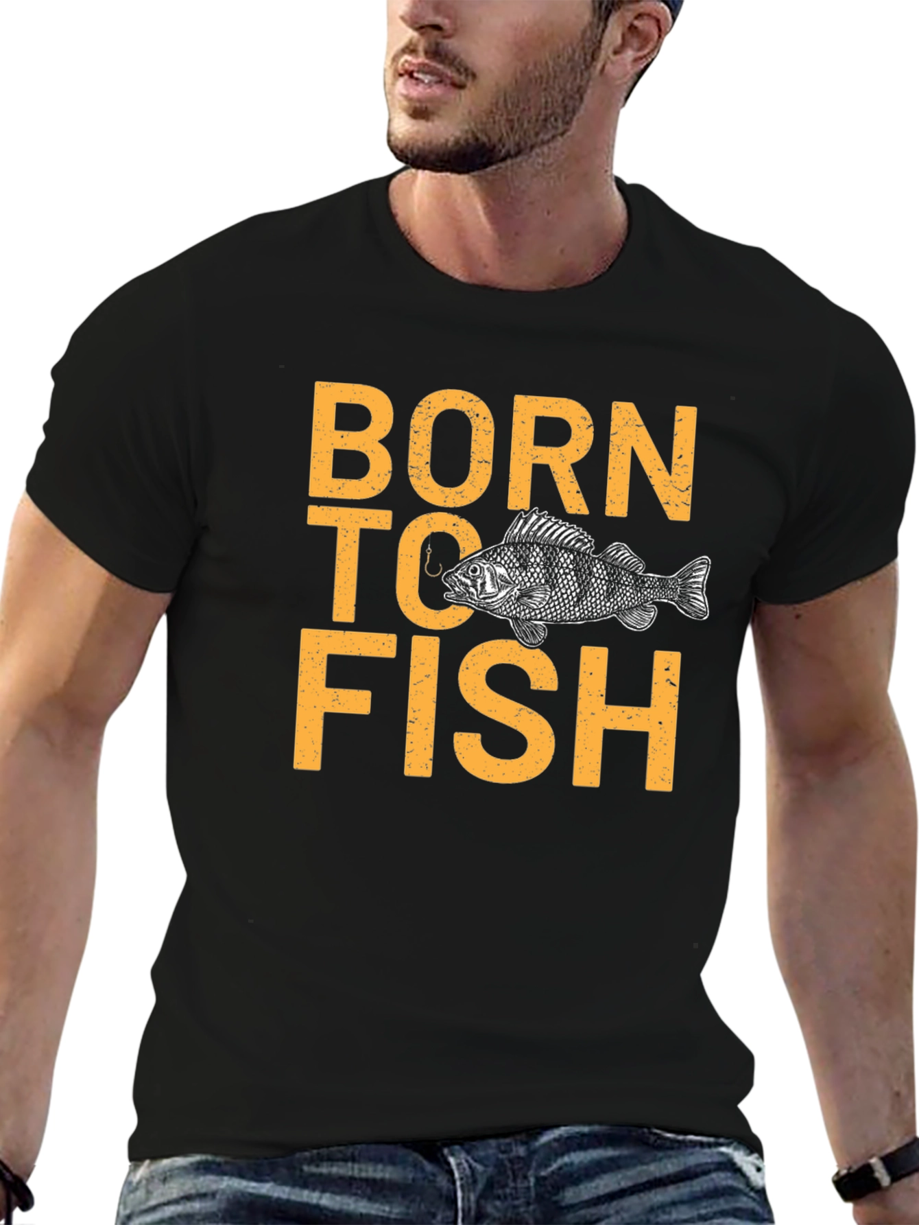 Born To Fish Graphic Print Black T-Shirt