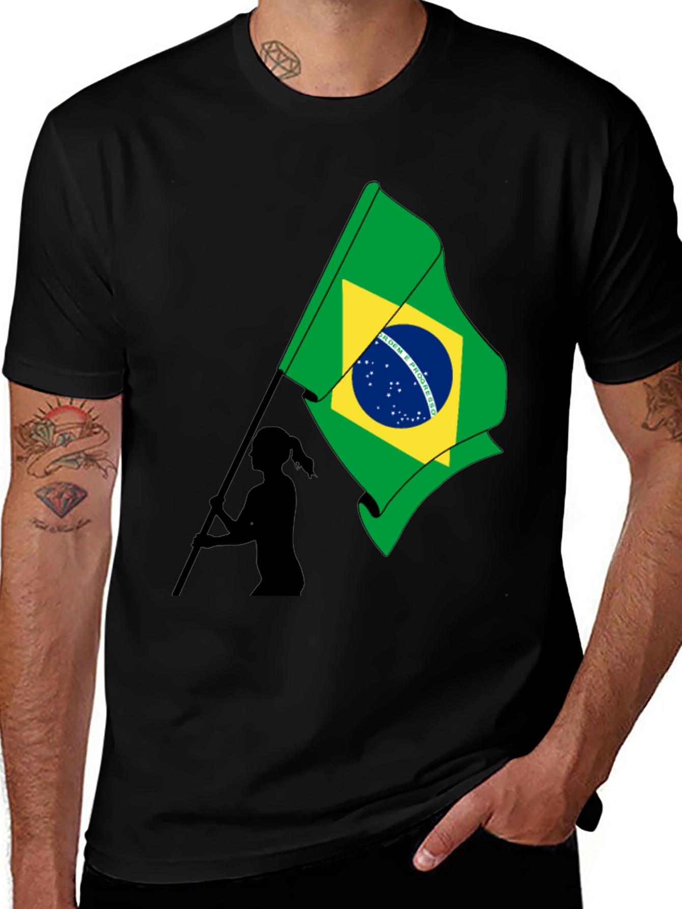 Brazil Flag Graphic Tee - Black Cotton T-Shirt