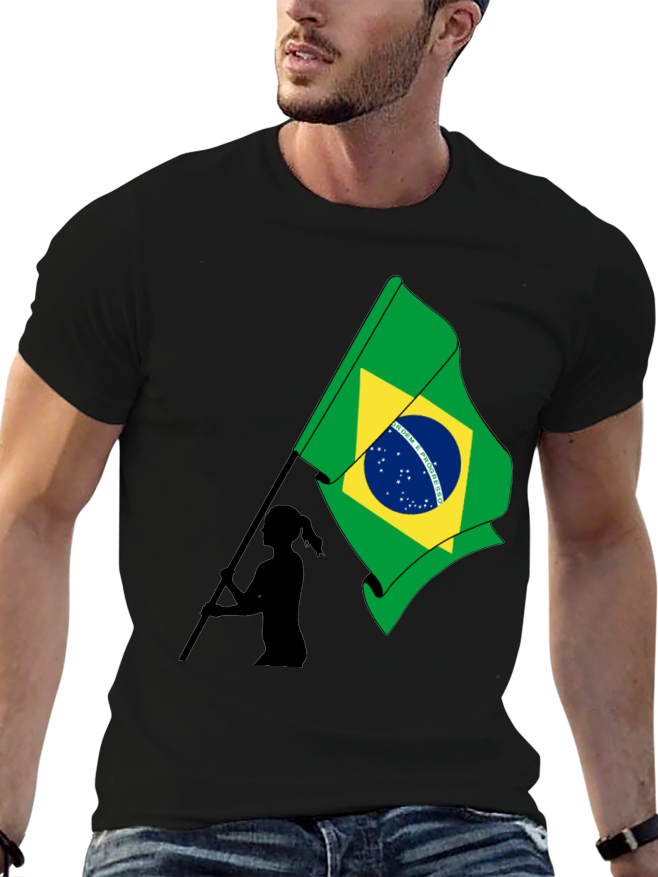 Brazil Flag Graphic Tee - Black Cotton T-Shirt