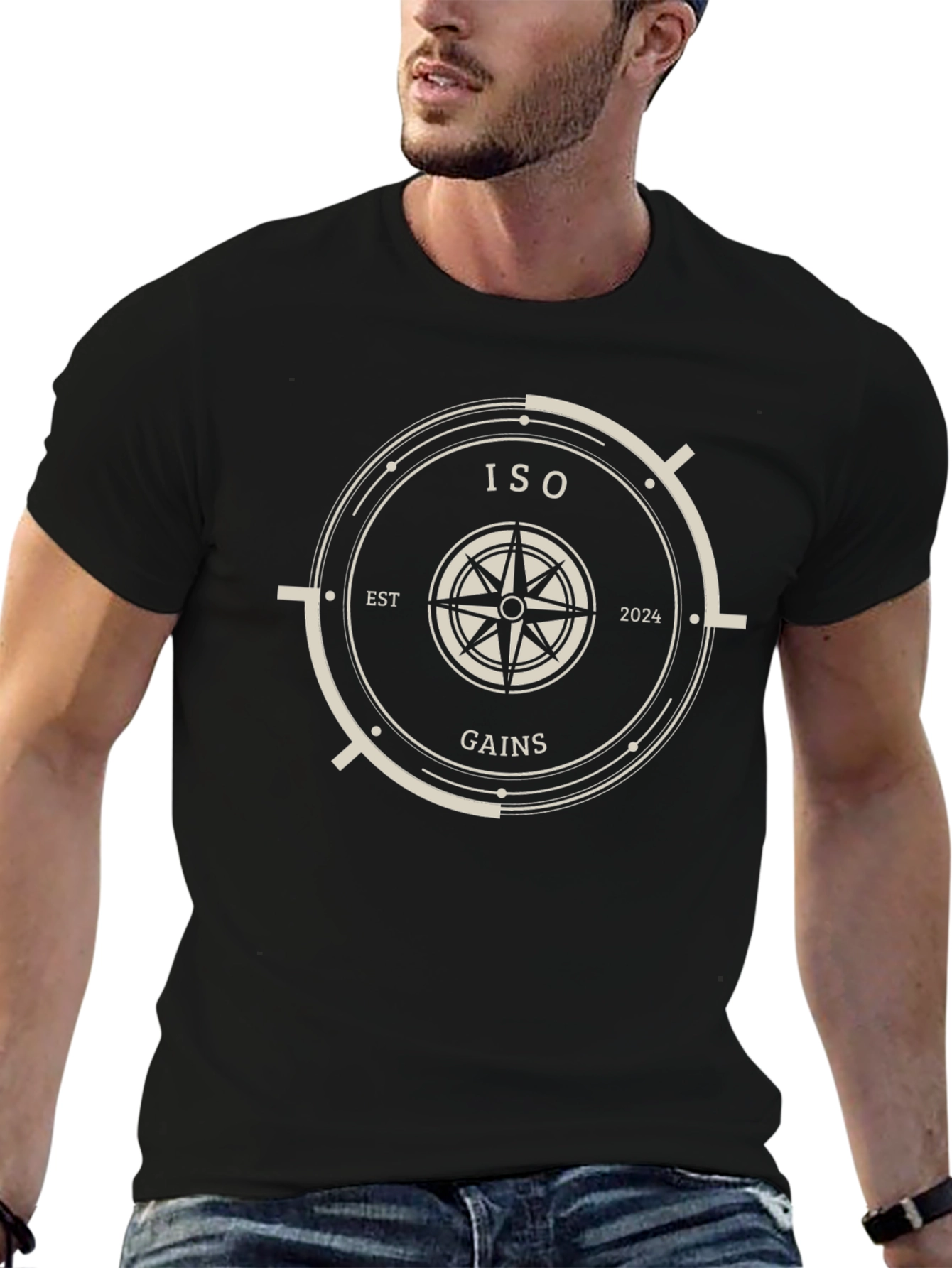 ISO Gains Black T-Shirt with Compass Design