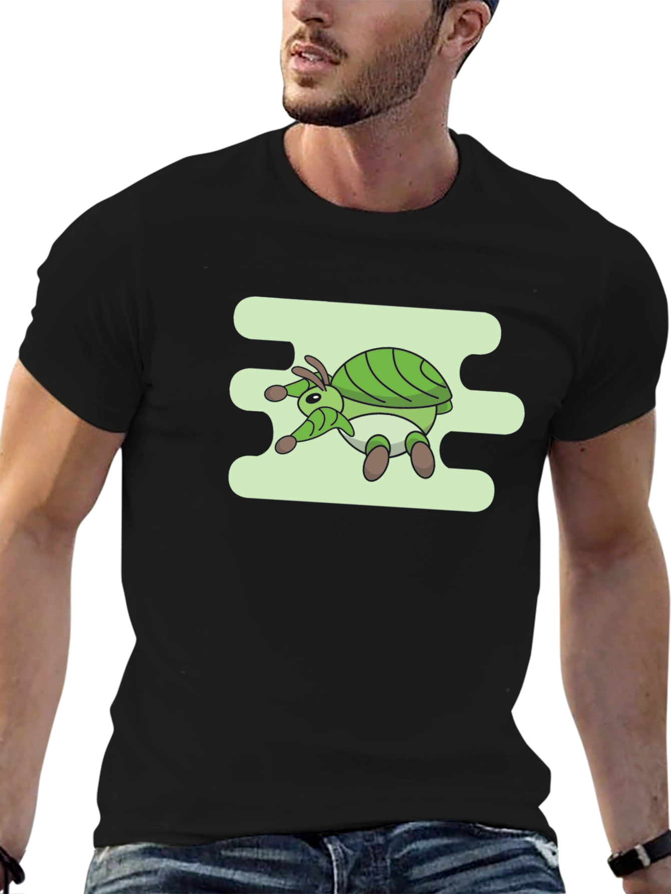 Green Bug Graphic Tee - Mens Casual Black T-Shirt