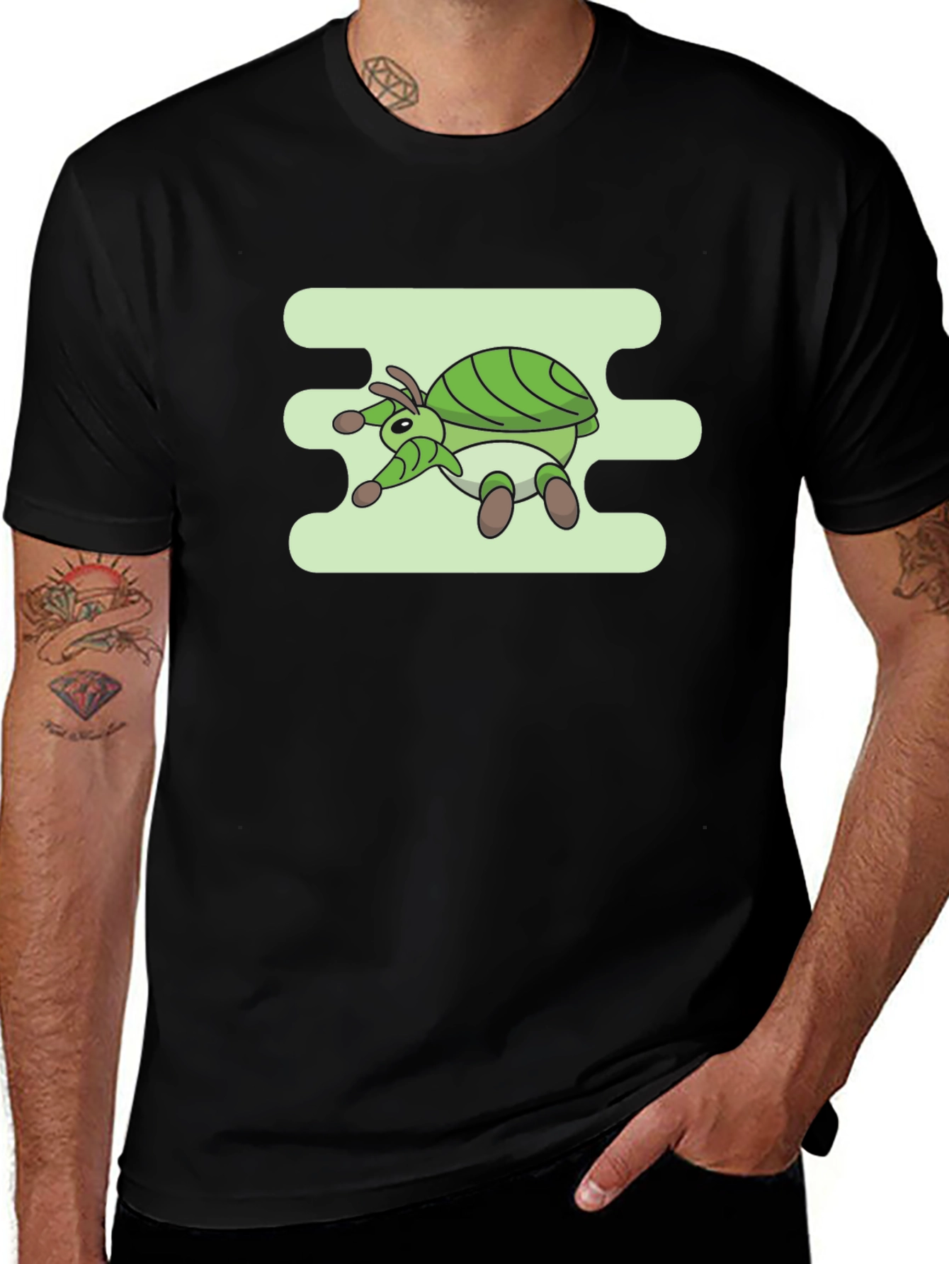 Green Bug Graphic Tee - Mens Casual Black T-Shirt