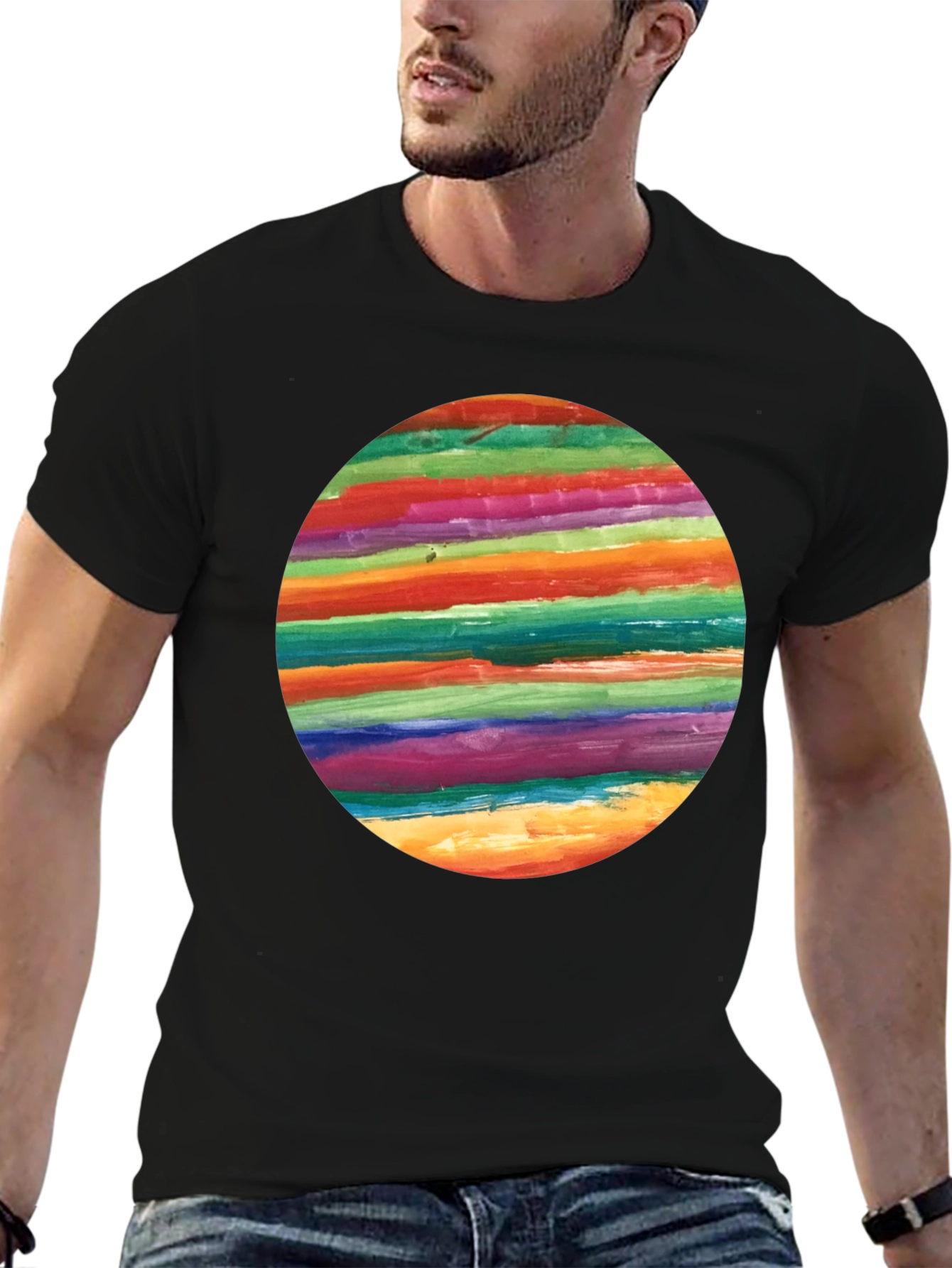 Rainbow Stripe Circle Graphic Black T-Shirt