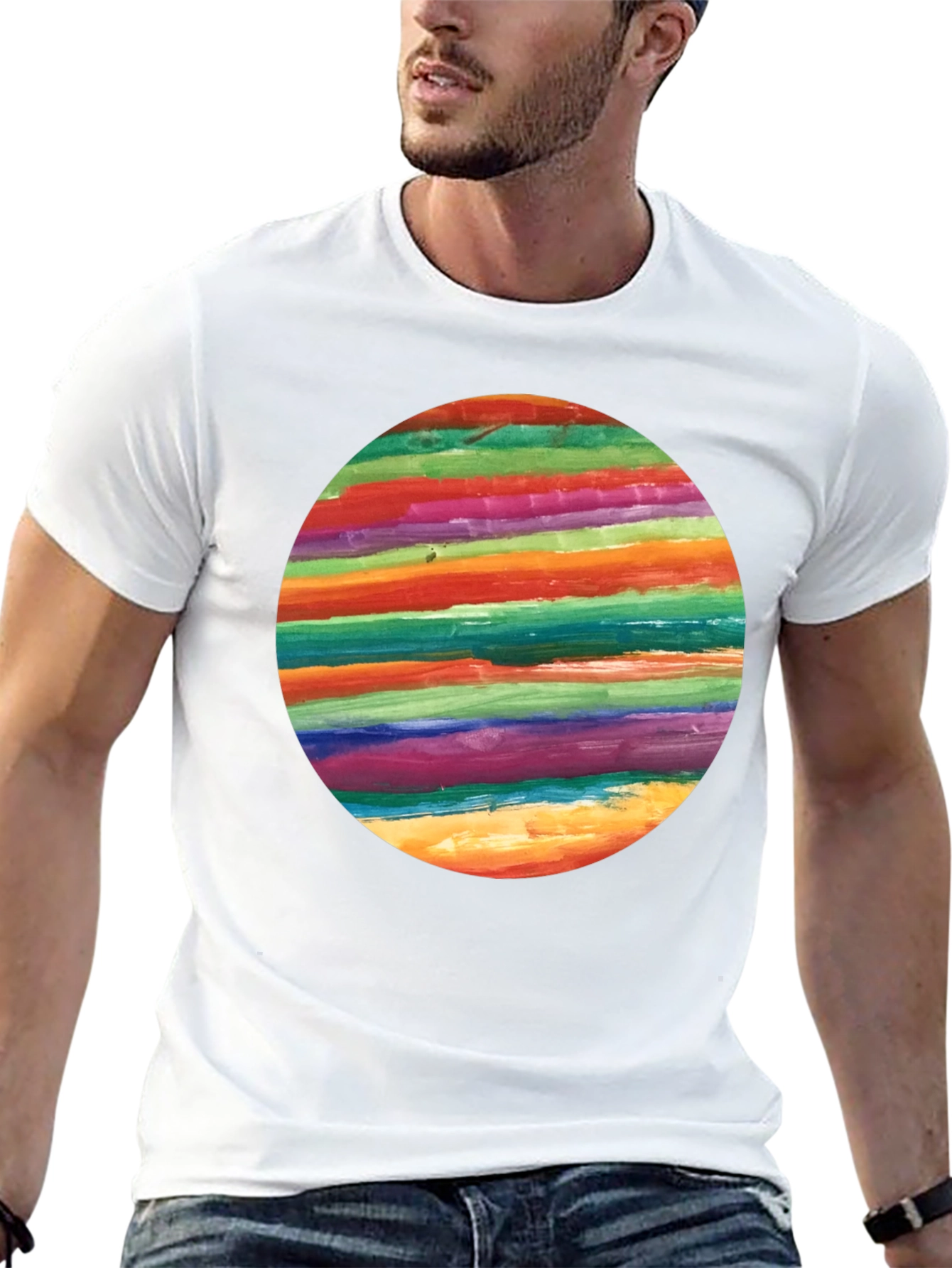 Rainbow Stripe Circle Graphic Black T-Shirt