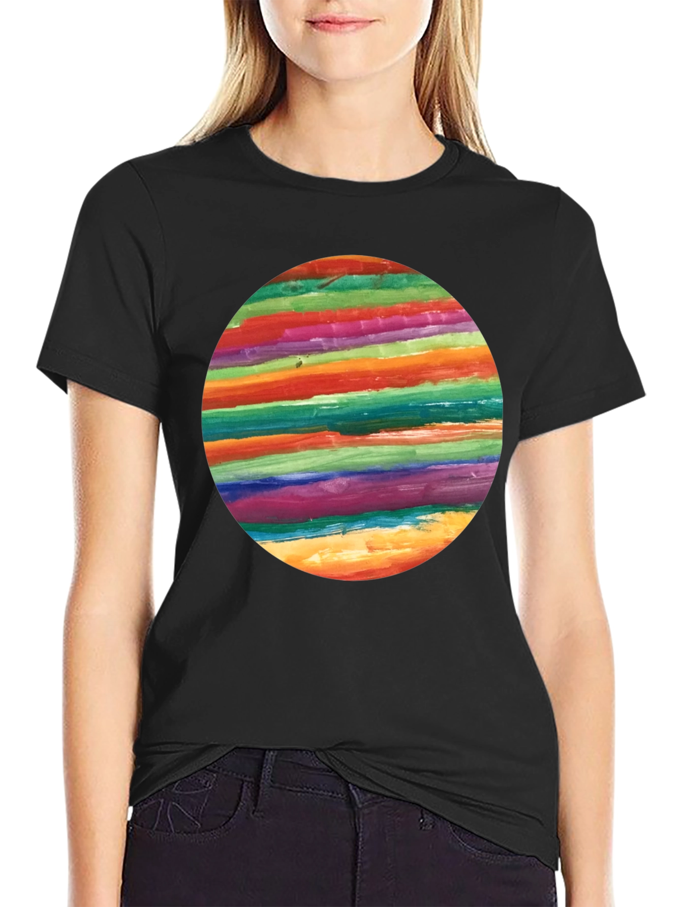 Rainbow Stripe Circle Graphic Black T-Shirt