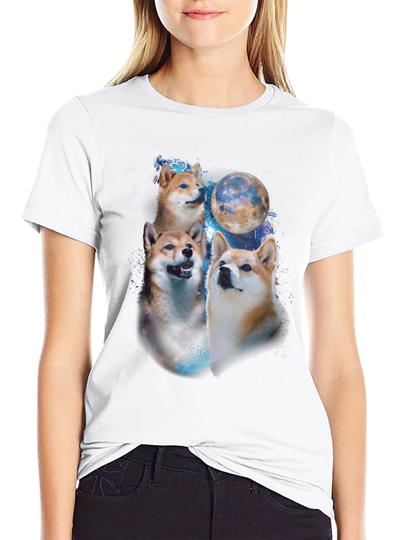 Shiba Inu Dog Moon Graphic Black T-Shirt